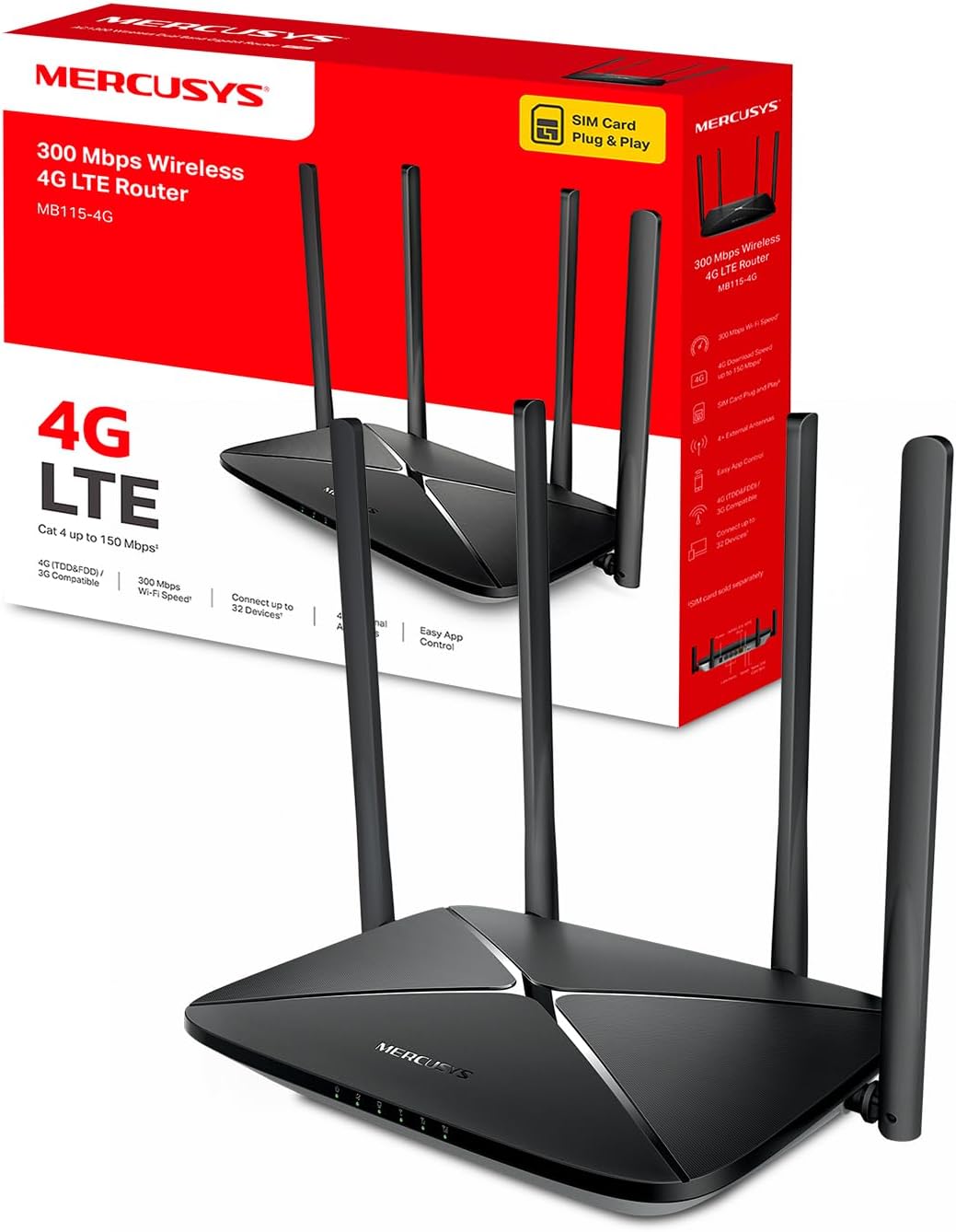 Mercusys MB115-4G LTE Router - WiFi 300Mbps, Plug & Play SIM Card, 4 Powerful Antennas, Up to 32 Connected Devices, Router Mode Via 4 Ports WAN/LAN, Multi-Operator Compatible