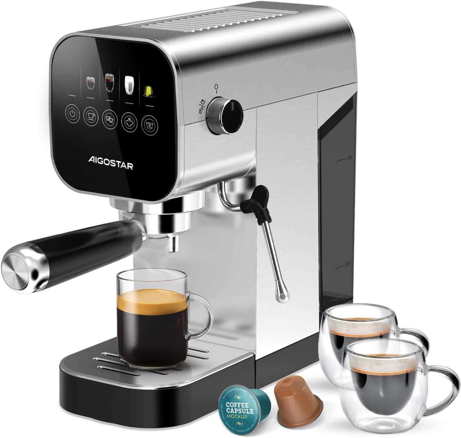 Aigostar Barista Espresso and Cappuccino Coffee Maker, Compatible with Capsules and Ground Coffee, 20 Bars, Digital Touch Screen, 1 or 2 Cups, Coffee Maker with Milk Frother, 0.9 L, 1350 W, Stainless