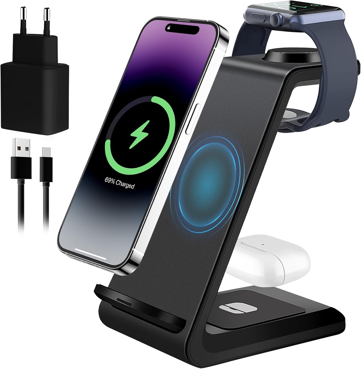 3 in 1 Induction Charger, Charging Station for iPhone 16/15/14/13/12/11/Pro/Max/X/8/Plus, Wireless Charger for Apple Watch 10/9/Ultra/8/7/6/SE/5/4/3/AirPods Pro 4 3 2