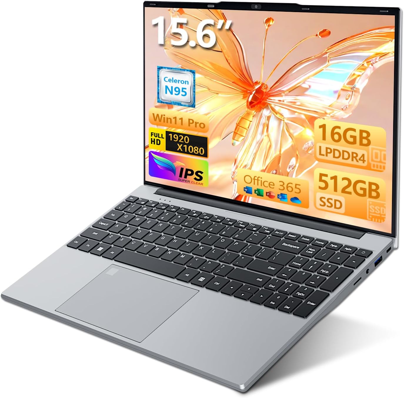 15.6 inch laptop with Office 365, 16GB RAM 512GB SSD Celeron N95, laptop 1920 x 1080 FHD WiFi5, Win11 laptop with touch ID backlit keyboard