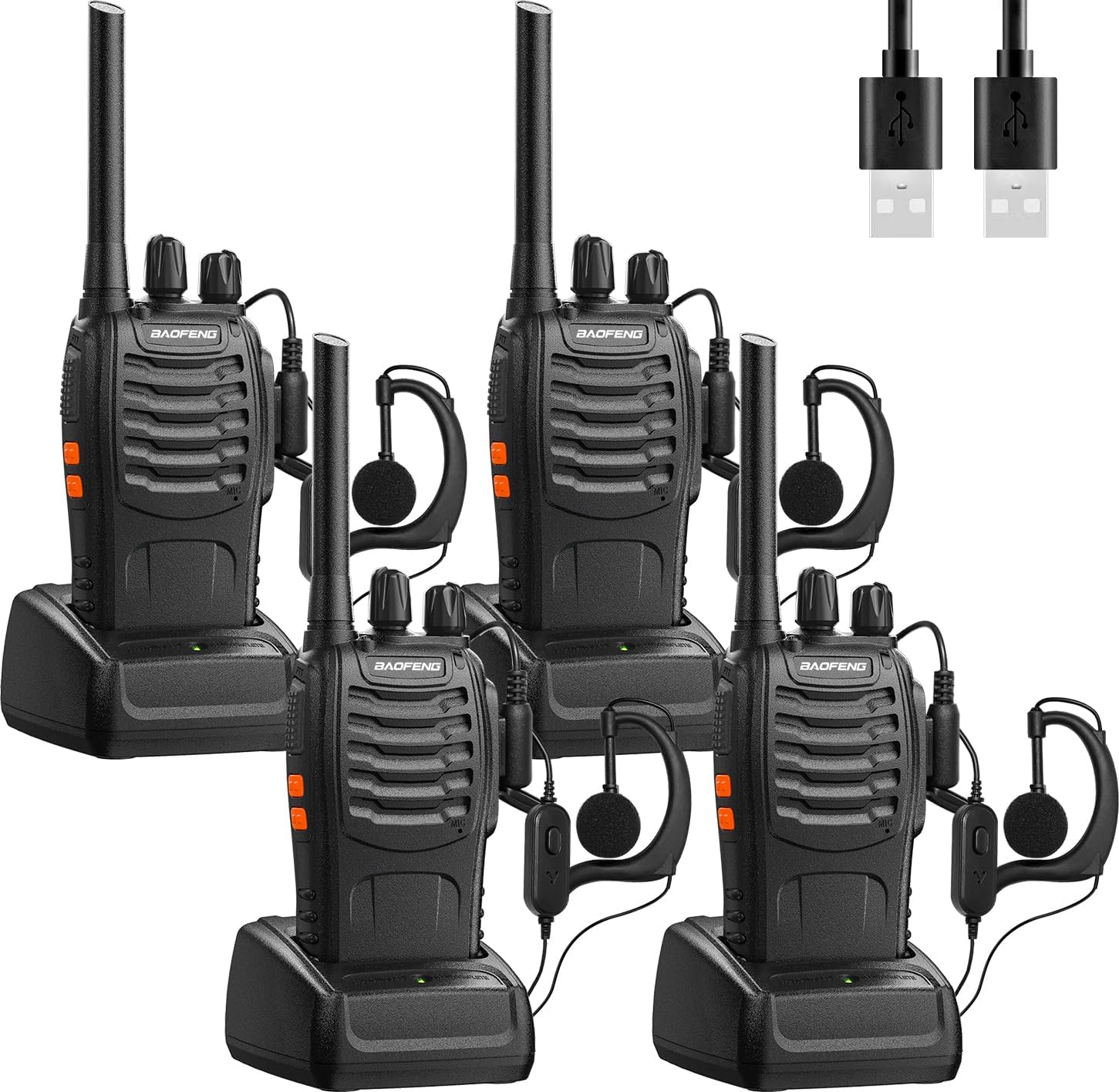 Baofeng Walkie Talkie Professional PMR Walkie Talkies Radios Portable Rechargeable Long Range and 16 Channels, with Earpiece, USB Charger, Battery (2 Pairs)