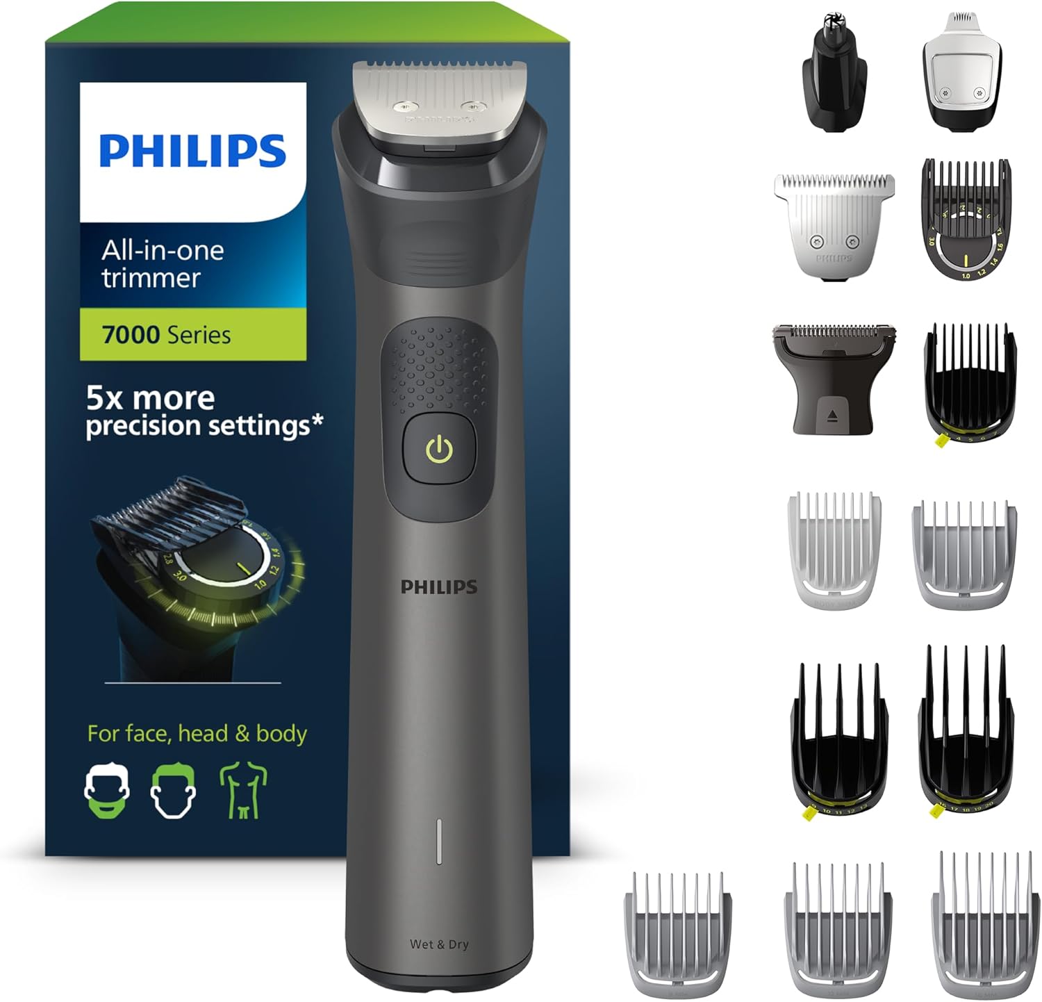 Philips Multigroom Series 7000 All-in-one trimmer equipped with 15 face, head and body combs, and 26 cutting heights (0.5 to 20mm) for ultimate precision (MG7950/15)
