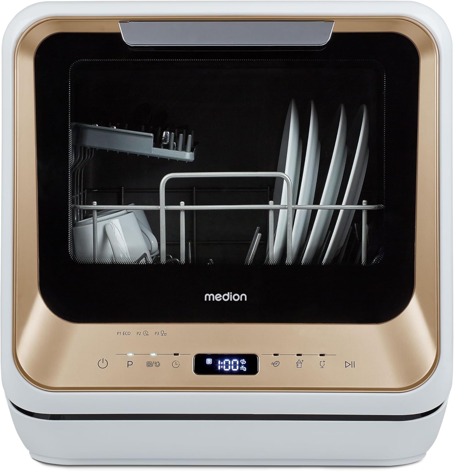 MEDION DWT20 mini dishwasher (tabletop dishwasher, dishwasher, 2 cutlery, works with/without water connection, 6 cleaning programmes, bottles, delayed start, free-standing) gold
