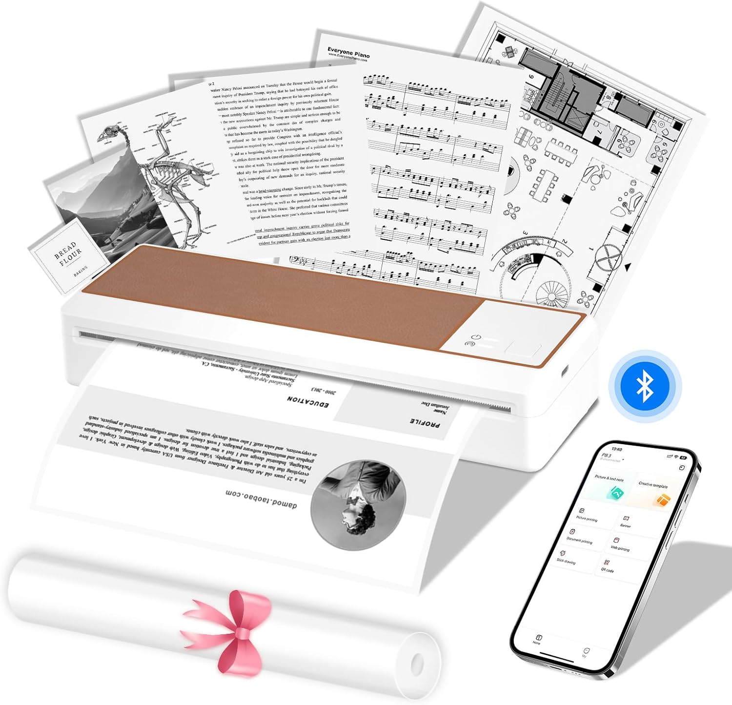 P83 A4 Thermal Printer, Portable Wireless Printer, Portable Printer Compatible with iOS and Android, Supports Thermal Paper (210 x 297 mm) for Home, Office, School