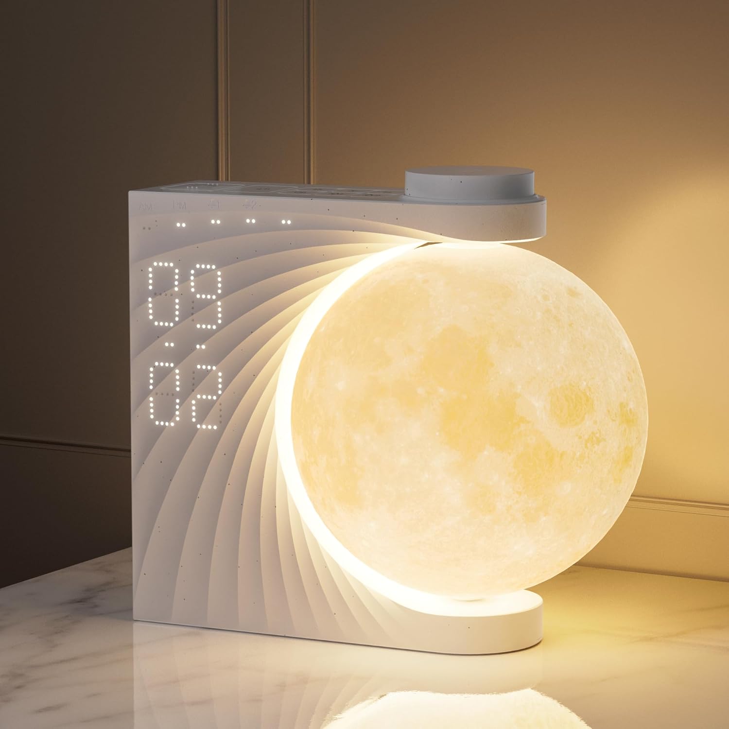 RETEYUNG Moon Lamp with Alarm Clock Light, 2 Alarm Clocks, 8 Colors RGB Lunar Light, 10 Natural Sound, Night Light 3 Levels of Brightness Bedside Lamp for Women/Girls/Boys.