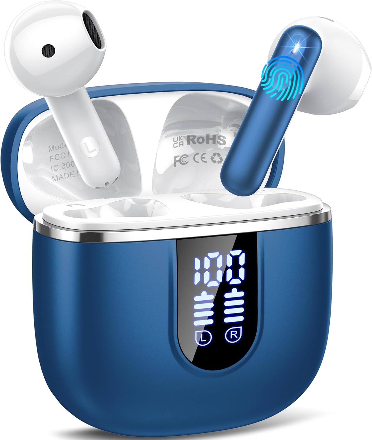 Wireless Bluetooth Headphones, Bluetooth 5.4 Earphones with 4 ENC Noise Cancelling Mic, 40H HiFi Stereo Bluetooth Headphones, LED Display, Touch Control, IP7 Waterproof Earpiece for iOS Android, Blue