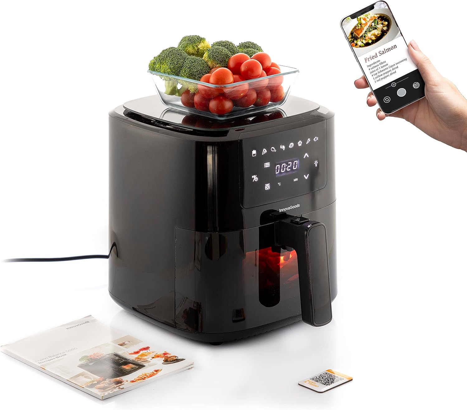 InnovaGoods® Air fryer 5L, oil-free 1500W fryer with +100 recipes in FR, electric fryer with integrated scale, 8 programs, touch screen, window, timer and 360° airflow.
