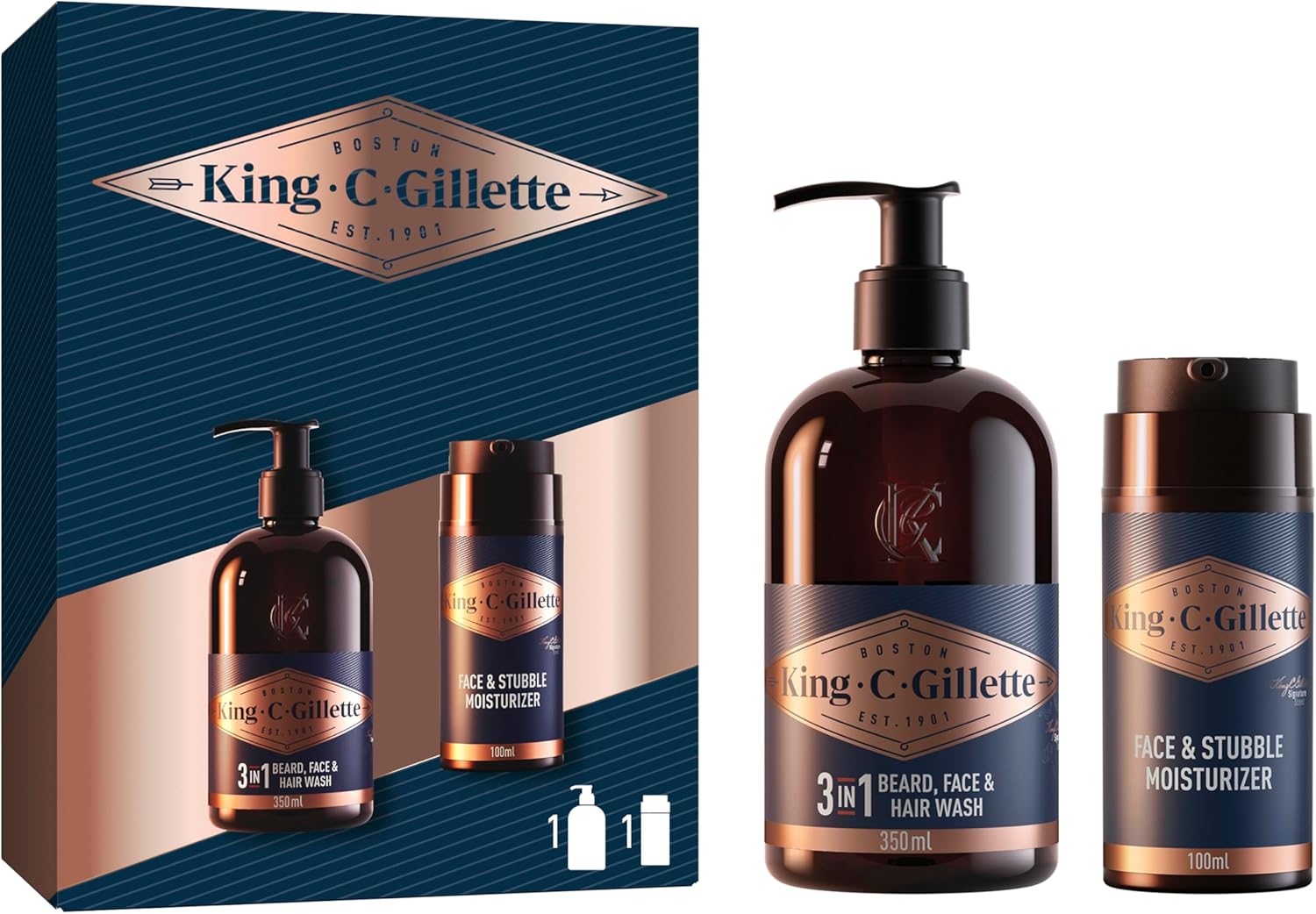 Gillette King C. Men's Beard Kit, Hair & Skin Care Set, Includes 3-in-1 Beard Cleanser, Face & Hair 350ml, Moisturizing Care 100ml, Signature Refreshing Fragrances