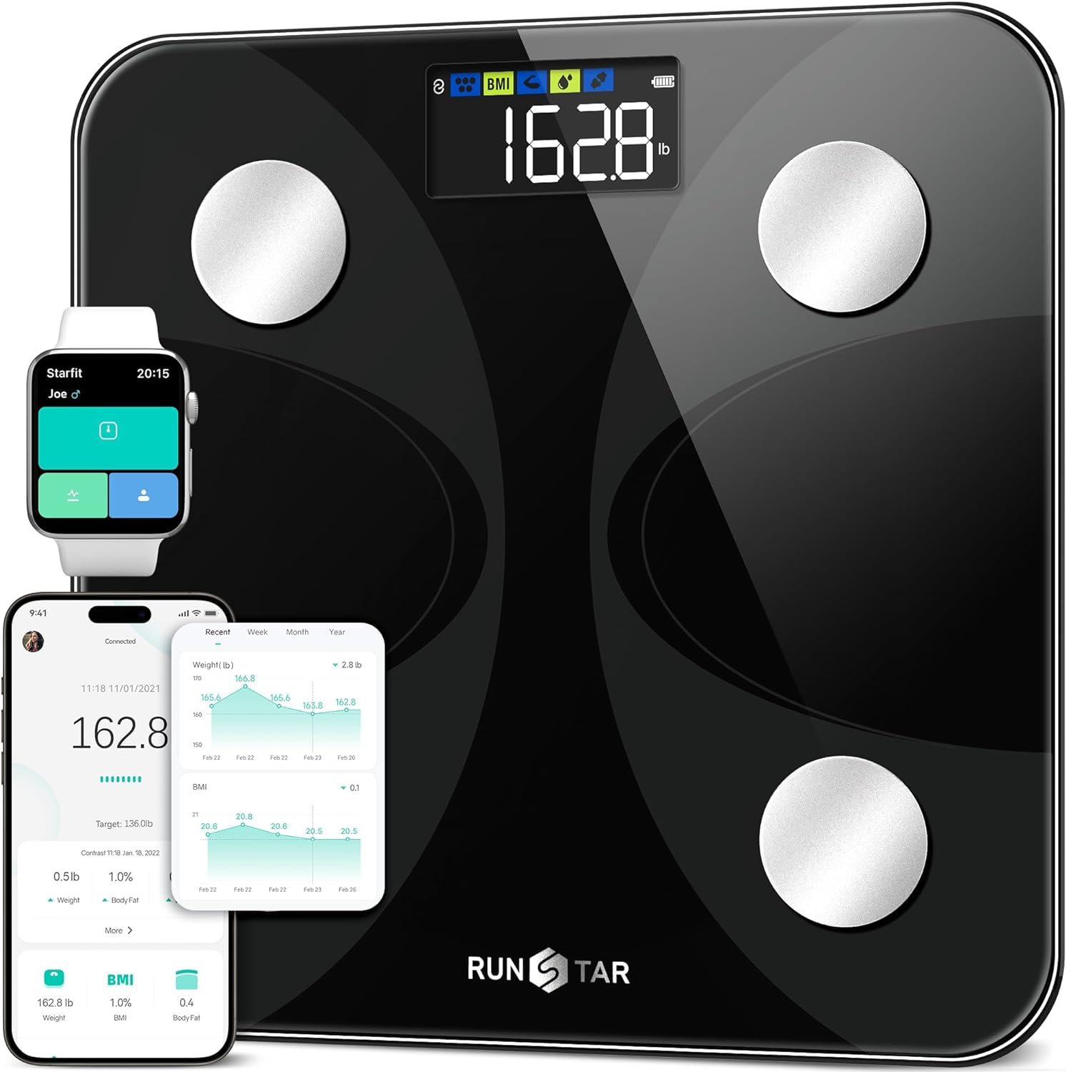 RunSTAR Personal Scales for Weight and Fat Mass, High Precision with Large Screen, Connected Scales with APP 13 Body Data Weight, Max 180kg/ 400lb, Black