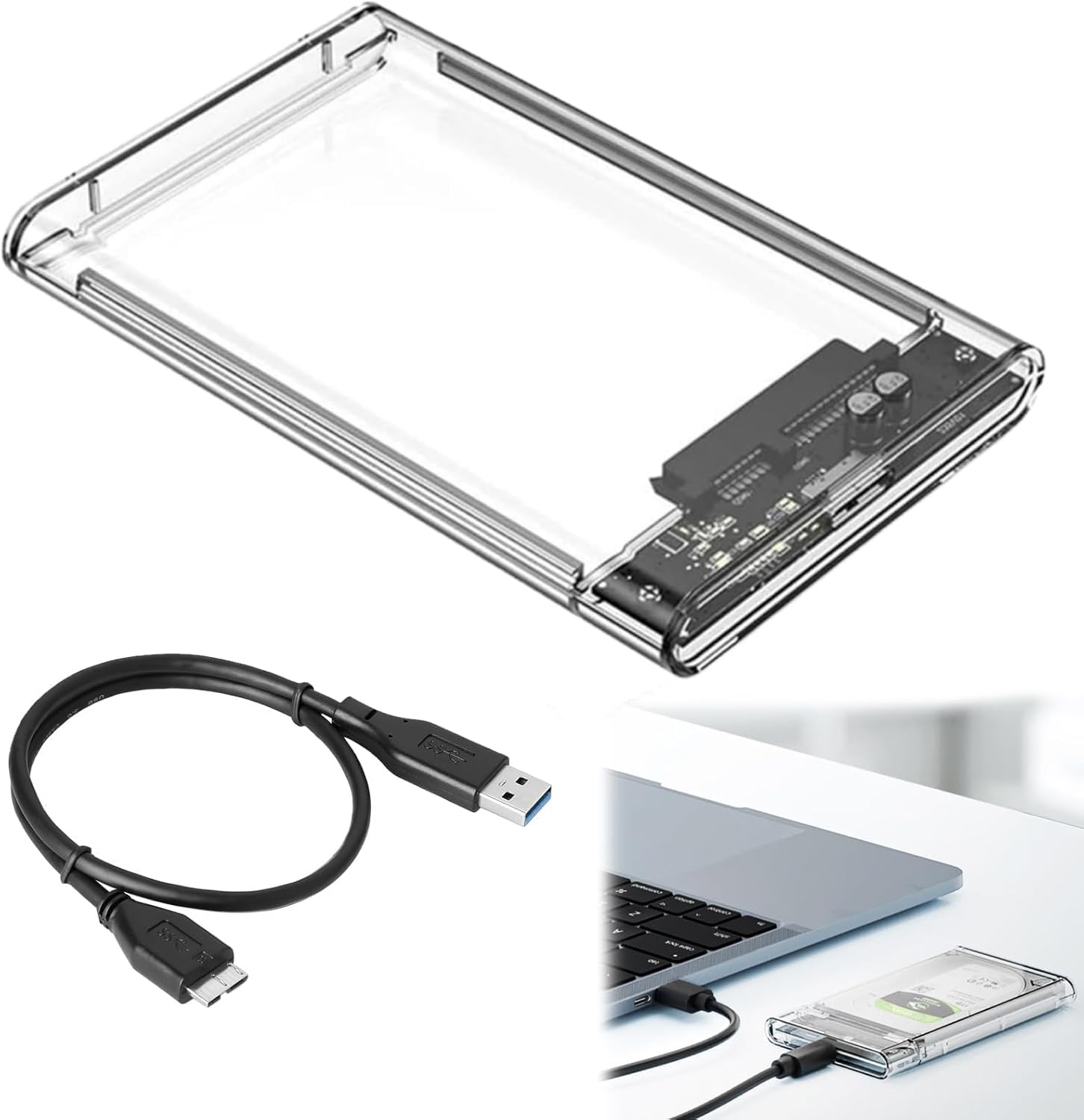 Hard Drive Enclosure 2.5 Inches, USB 3.0 External Case for SATA III SSD and HDD 2.5 Inches 7 mm/9.5 mm, 5Gbps SSD Case Acceleration UASP, Trim, No Tools, USB 3.0 Cable Included, Transparent