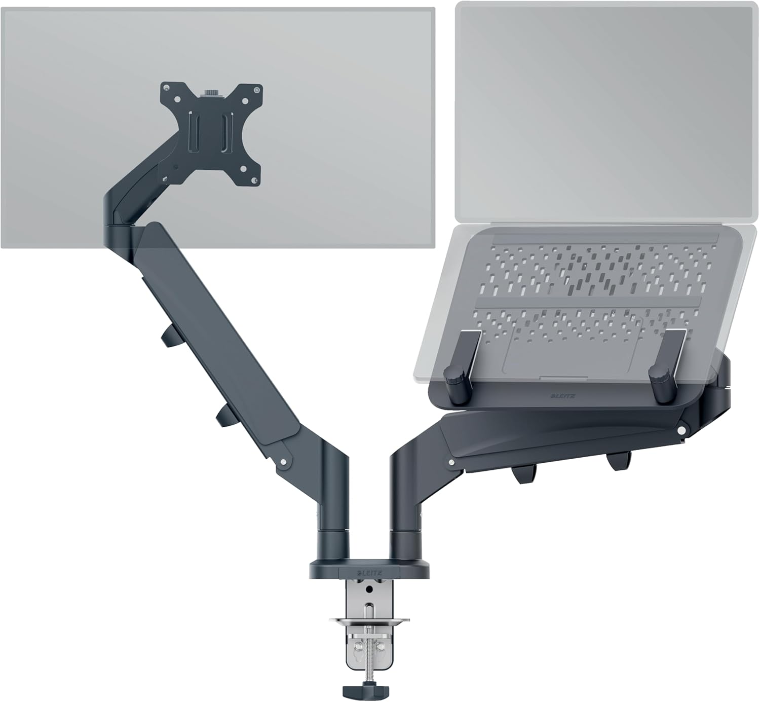 Leitz Ergo 65380089 Arm for PC Monitors, Supports up to 32 Inches and Laptops up to 17 Inches, Free Up to Your Desk Space, Grey