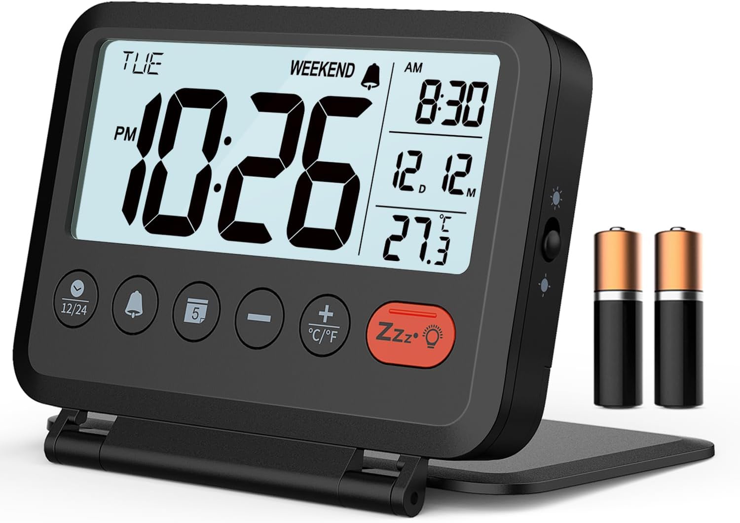 Travel Alarm Clock, 2 Levels, 2 Volumes, 12/24h, Calendar, Temperature, Weekend Mode, Repeat, Folding Cover, Small Digital Clock (AAA Batteries Included)