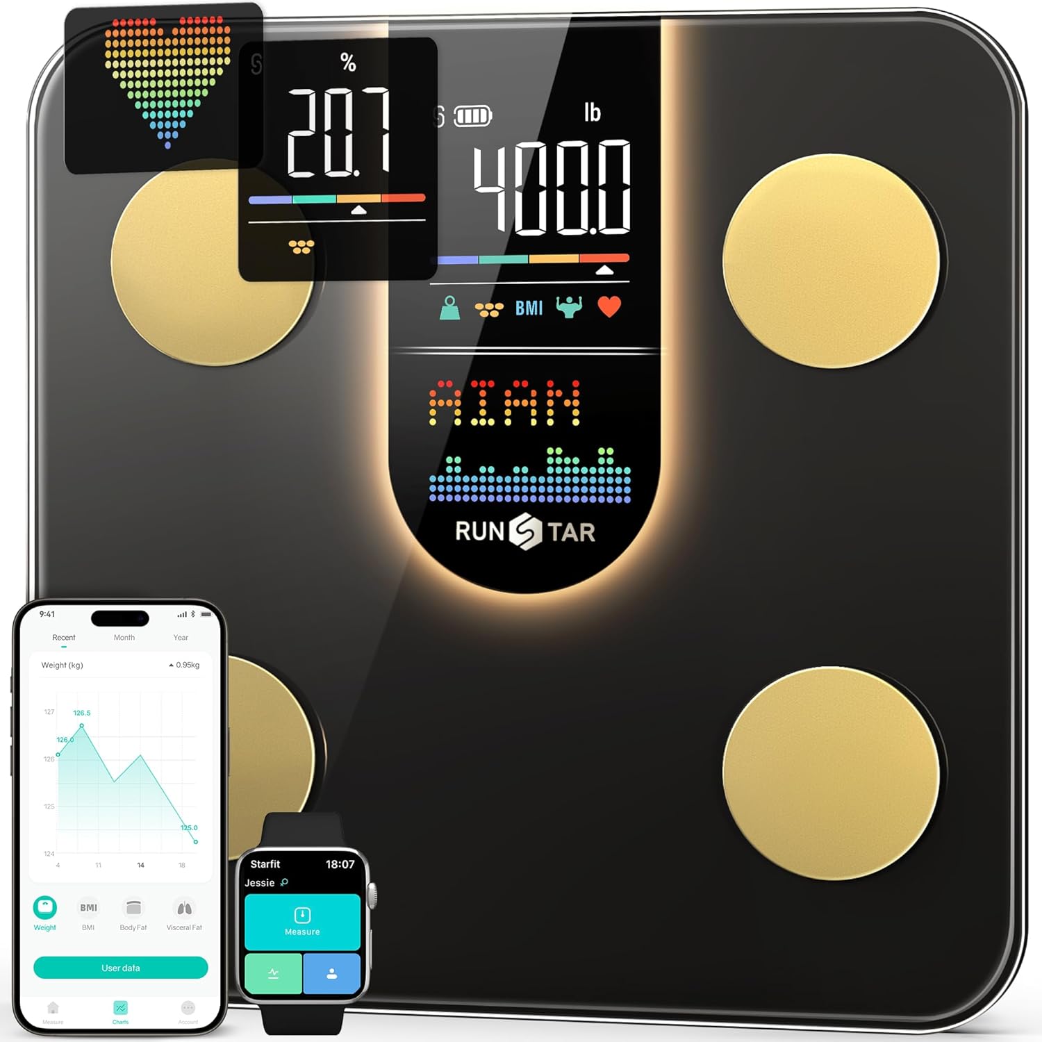 Runstar 8-in-1 Smart Bathroom Scales with VA Display, High Accuracy Personal Scales, BMI, Heart Rate, Fat Mass Scales, 22 Measurements, APP Synchronisation