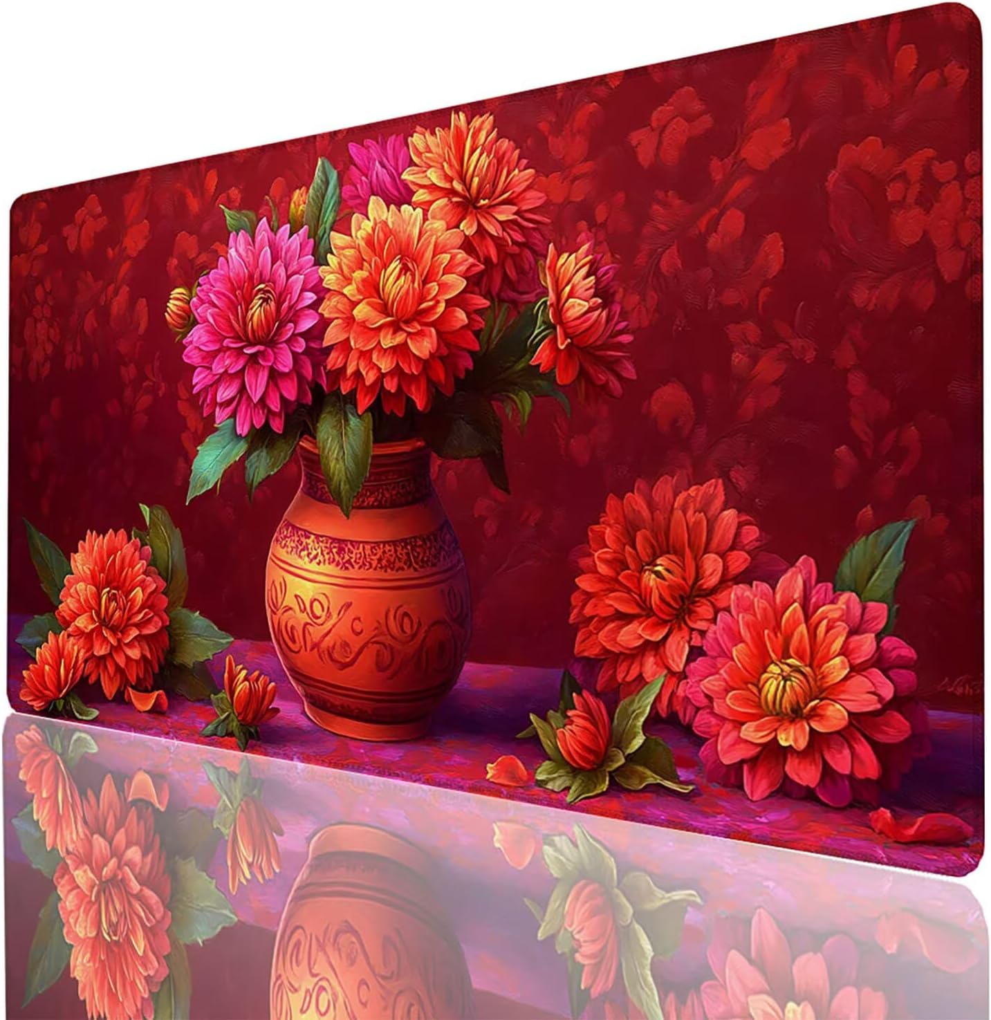 GYL-8130 XXL Mouse Pad, 140 x 60 x 0.2 cm, Large Red Office Mat, Stitched Edges, Non-Slip and Waterproof, Flower Mouse Pad Compatible with Wireless Keyboard and Wireless Mouse, Office Gaming Accessory