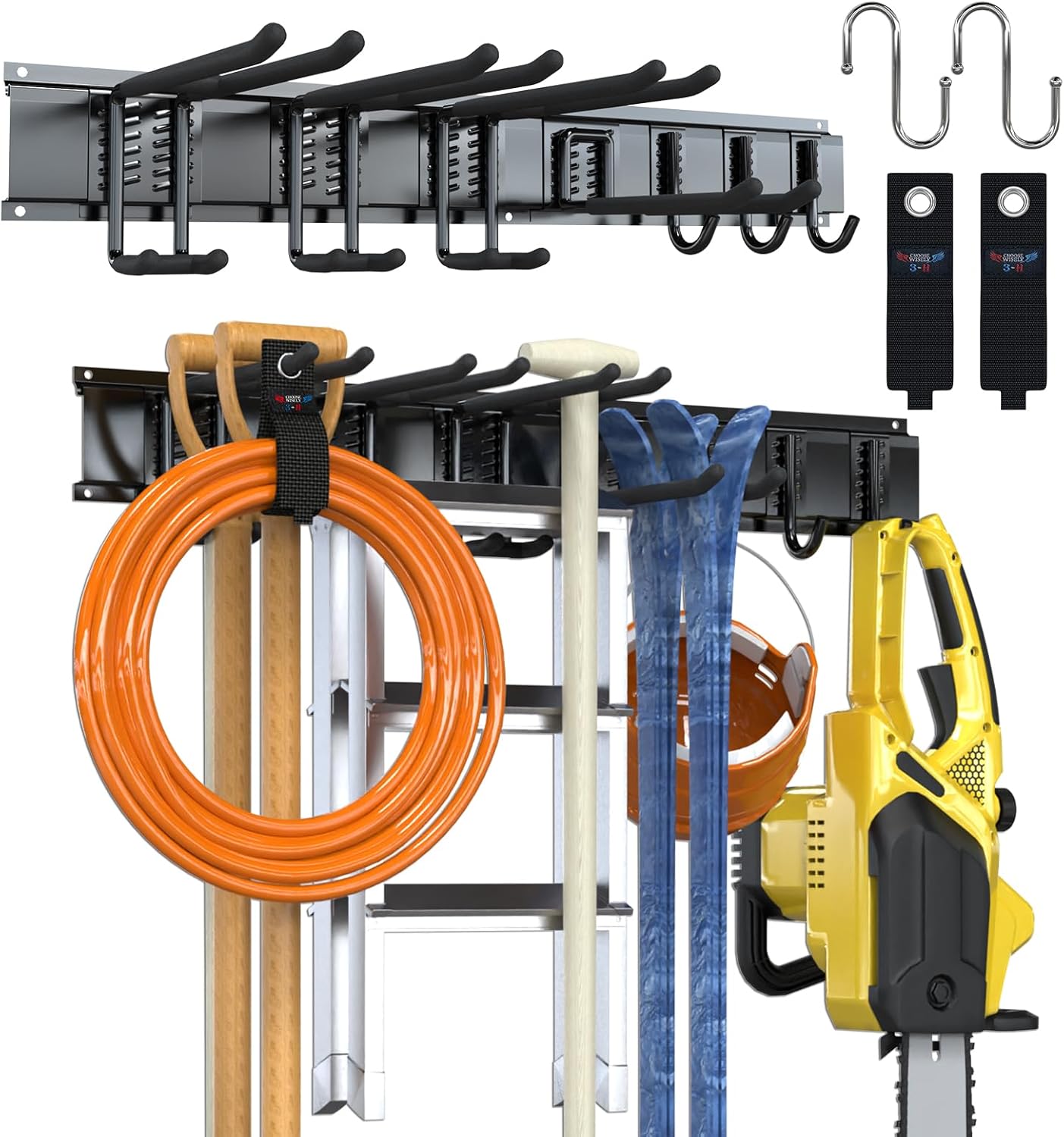 3-H Wall Mounted Garden Tool Holder 80 cm Stainless Steel Garden Tool Rack with 2 Rails & 9 Adjustable Hooks & 2 Straps, Wall Tool Storage for Garage Skiing Broom Rake