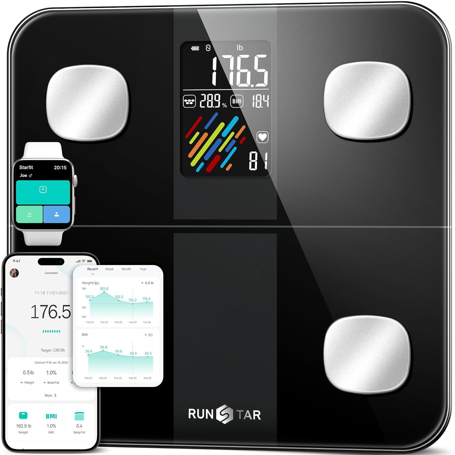 RunSTAR Smart Bathroom Scales, High Precision Personal Scales with Large Screen, Connected Scales with 15 Body Measurements, BMI, Heart Rate Sync App, 400lb, Black