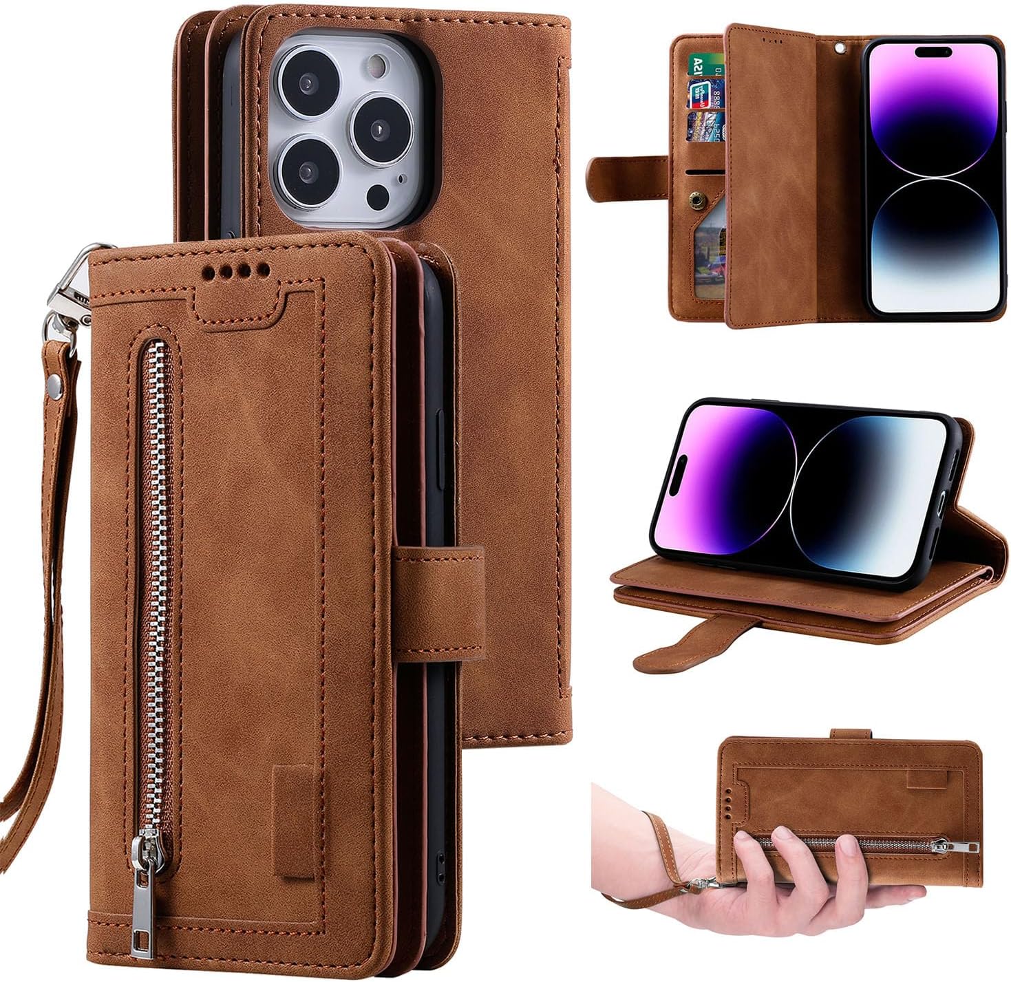 UEEBAI Case for iPhone 12 6.1 inch, PU Leather Wallet Case Retro Shockproof Flip Case Cover with Card Slots Stand Function, Magnetic Closure - Brown