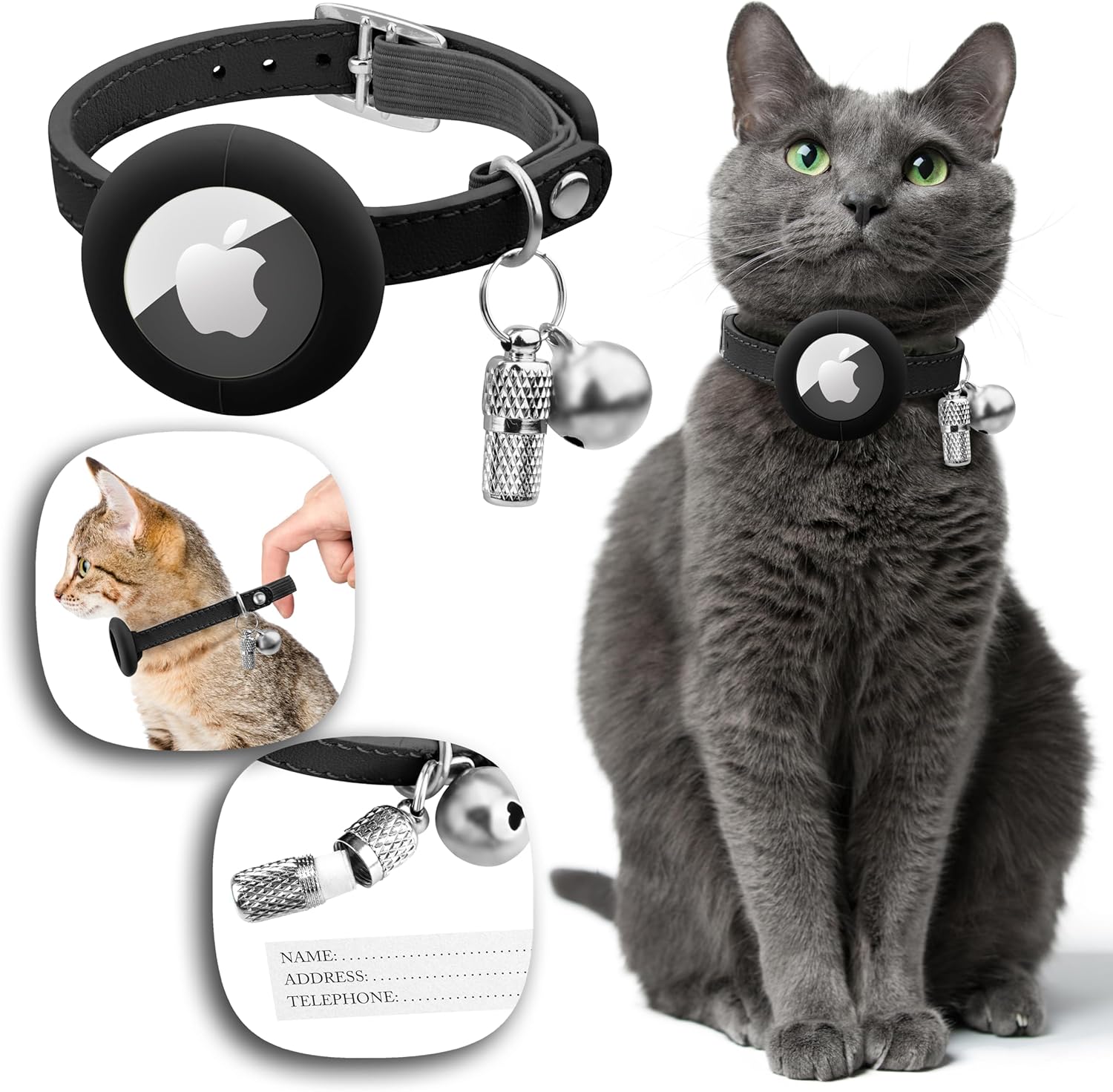 AirTag Cat Collar with Elastic Elastic Cat Collar, AirTag Cat Collar, Leather Apple AirTag Cat Collar, Secure Cat Collar with Name, Bell, GPS Cat Collar with Tracker