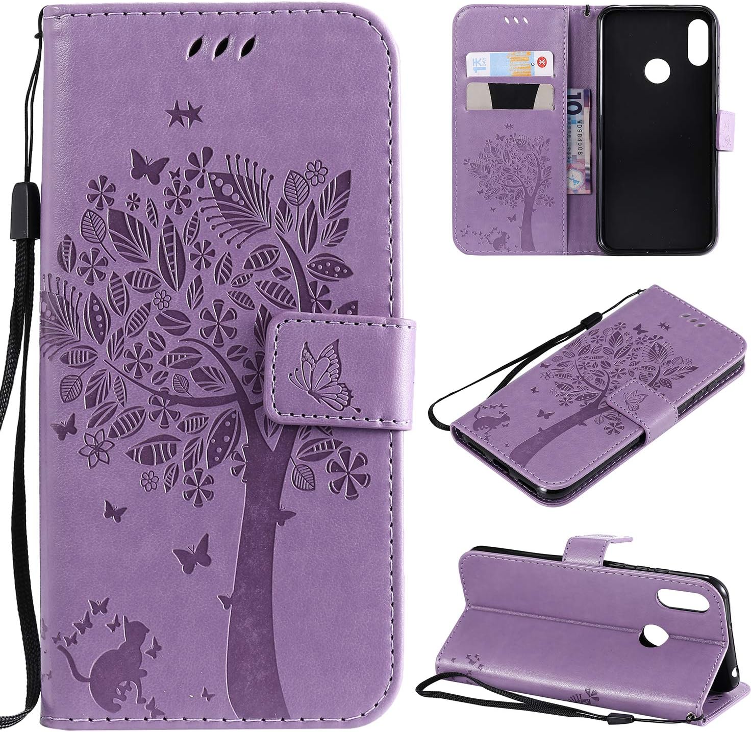 Zchen Huawei Y6 2019 Case, PU Leather Wallet Flip Folio Book Flip Cover for Huawei Y6 2019/Huawei Y6 Pro 2019/Honor 8A (Purple Cat)