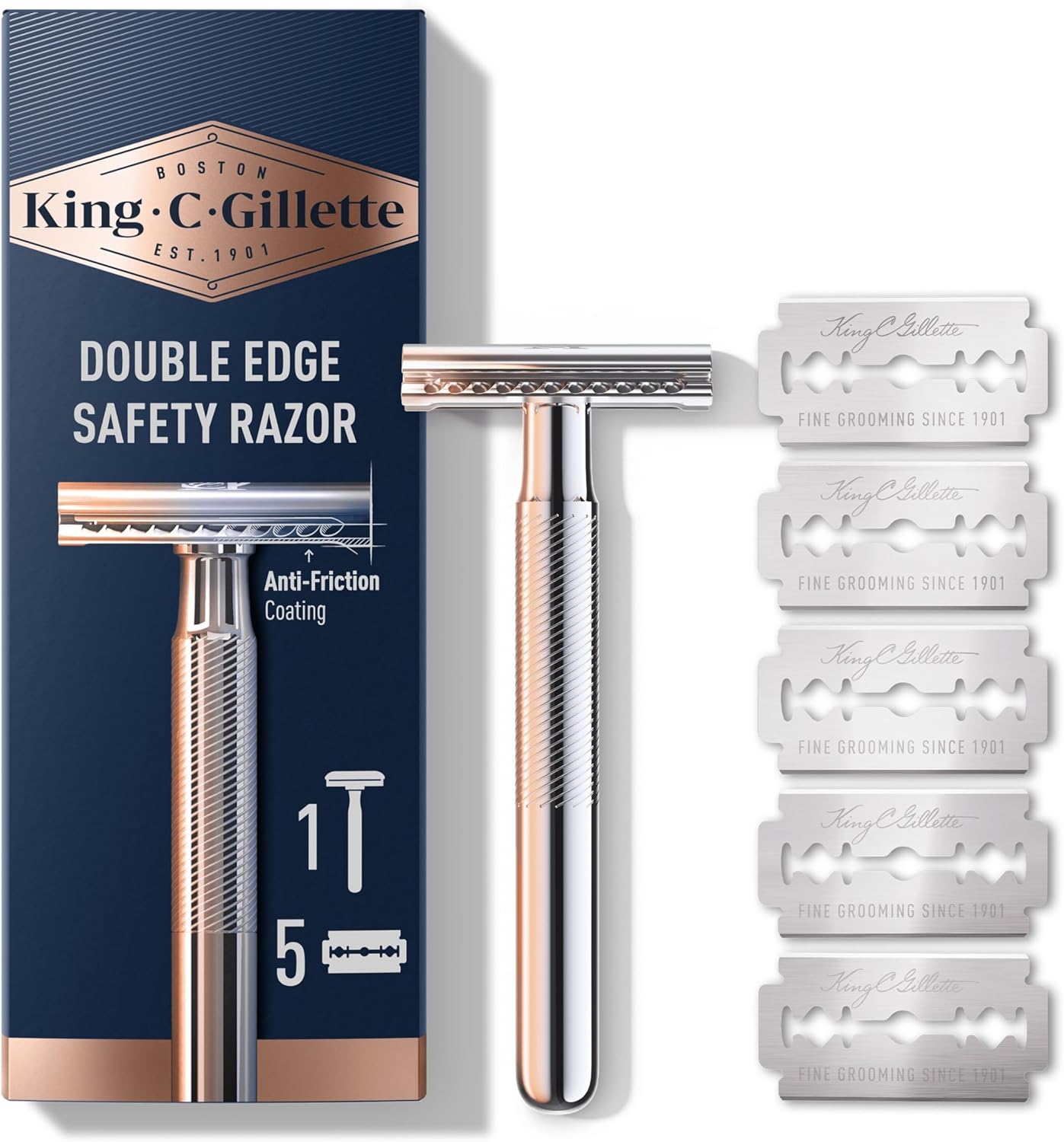 Gillette King C Men's Single Blade Safety Razor for Closer Shaving, Men's Beard Set with 5 Refill Cartridges for Easy Replacement, Metal Handle