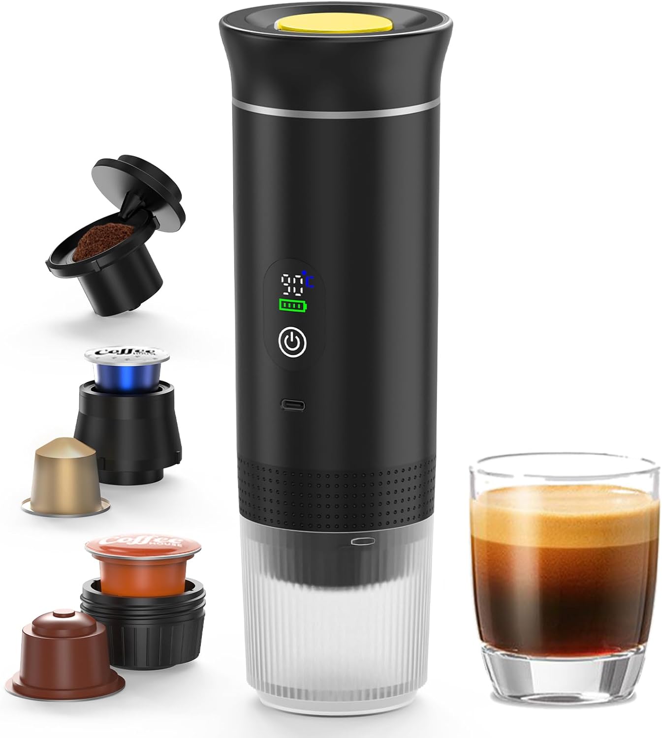 Portable Coffee Maker, 3 in 1 Espresso Maker Electric Heating Coffee Maker, Rechargeable Camping Car Coffee Maker, Fast Heating, Compatible with K-Cup Capsules and Ground Coffee, Travel