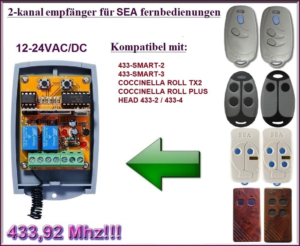 SEA compatible radio receiver 2 channels for Head 433 / Coccinella ROLL / 433 SMART 12-24 VAC/DC, NO/NC 433.92 MHz Rolling/Fixed Code remote controls