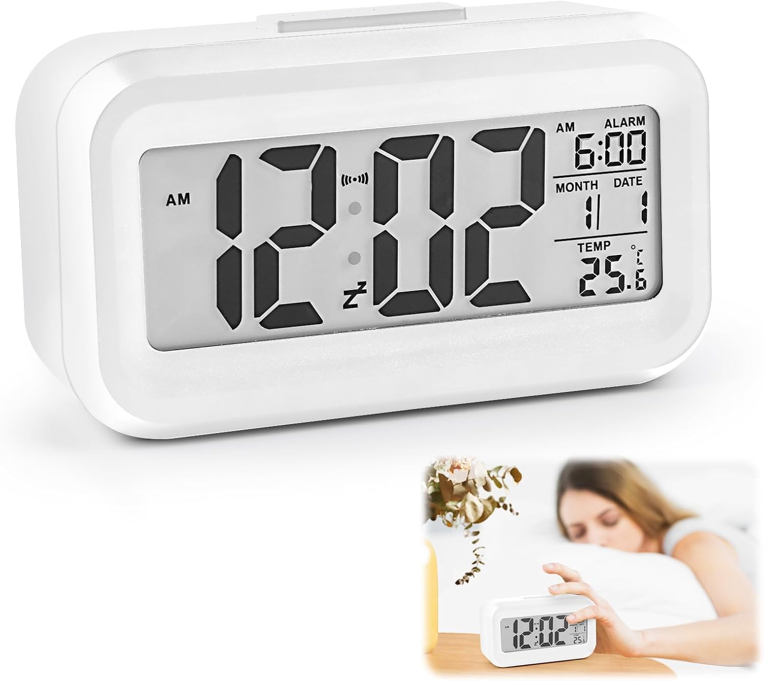 LCD Digital Alarm Clock Battery Operated Large Screen Temperature Date Snooze Luminous Portable Digital Clock for Bedroom, Office, Travel – White