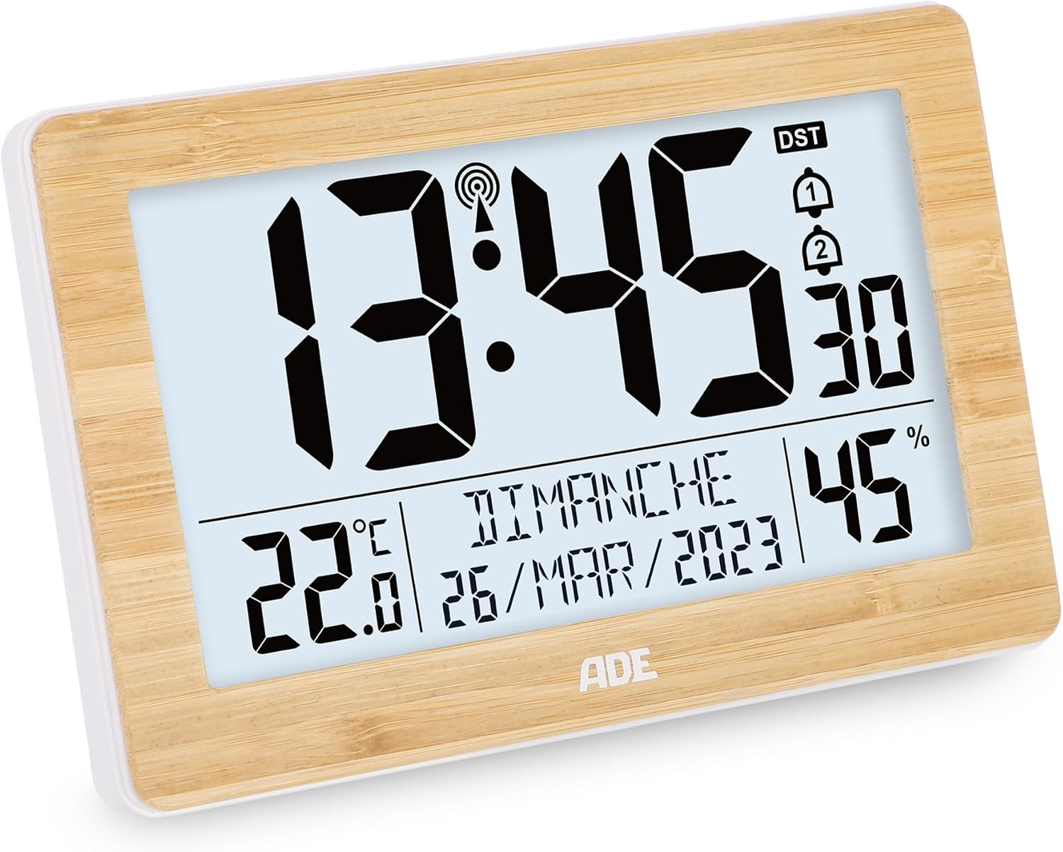 ADE Radio Controlled Clock | Digital Wall Clock with Extra Large Numbers | with Calendar, Indoor Thermometer and Hygrometer | Weather Station Alarm Clock | Battery Operated | Narrow Bamboo Frame