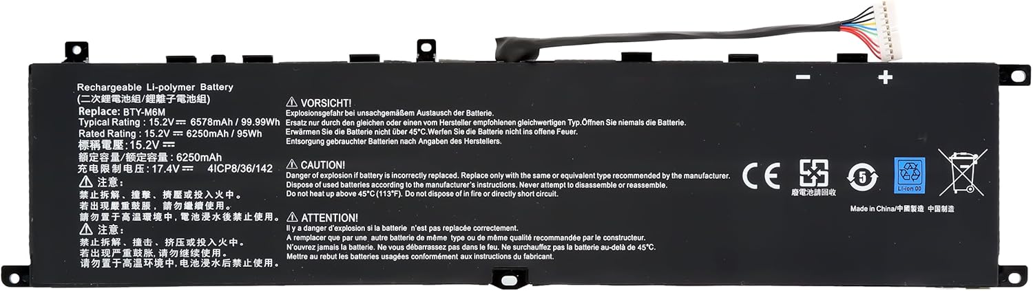 BLESYS BTY-M6M Laptop Battery for MSI Creator 15 A10SD A10SDT A10SE A10SET A10SEV A10SF A10SFT A10SGS A10UE A10UET A10UG A10UGT A10UH A10UHT A11UE A11UH Stealth GSalty Tea Size 38 100 cm