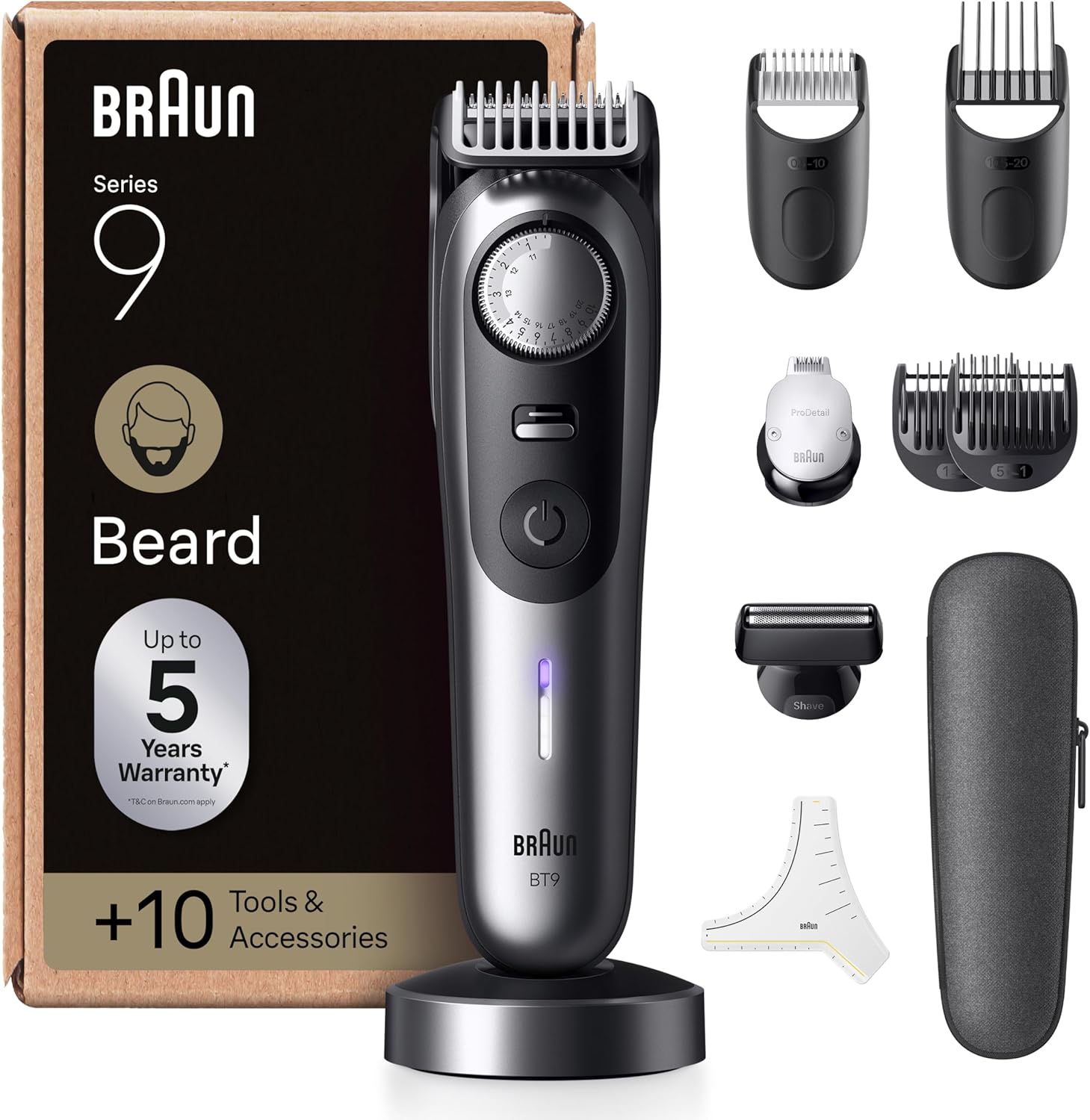 Braun Men's Beard Trimmer Series 9 BT9545 Chrome, + 10 Barber Tools, 52 Lengths, ProBlade for Professional Shaving, Cordless Electric Trimmer Kit, 4 Comb and Beard Stencil
