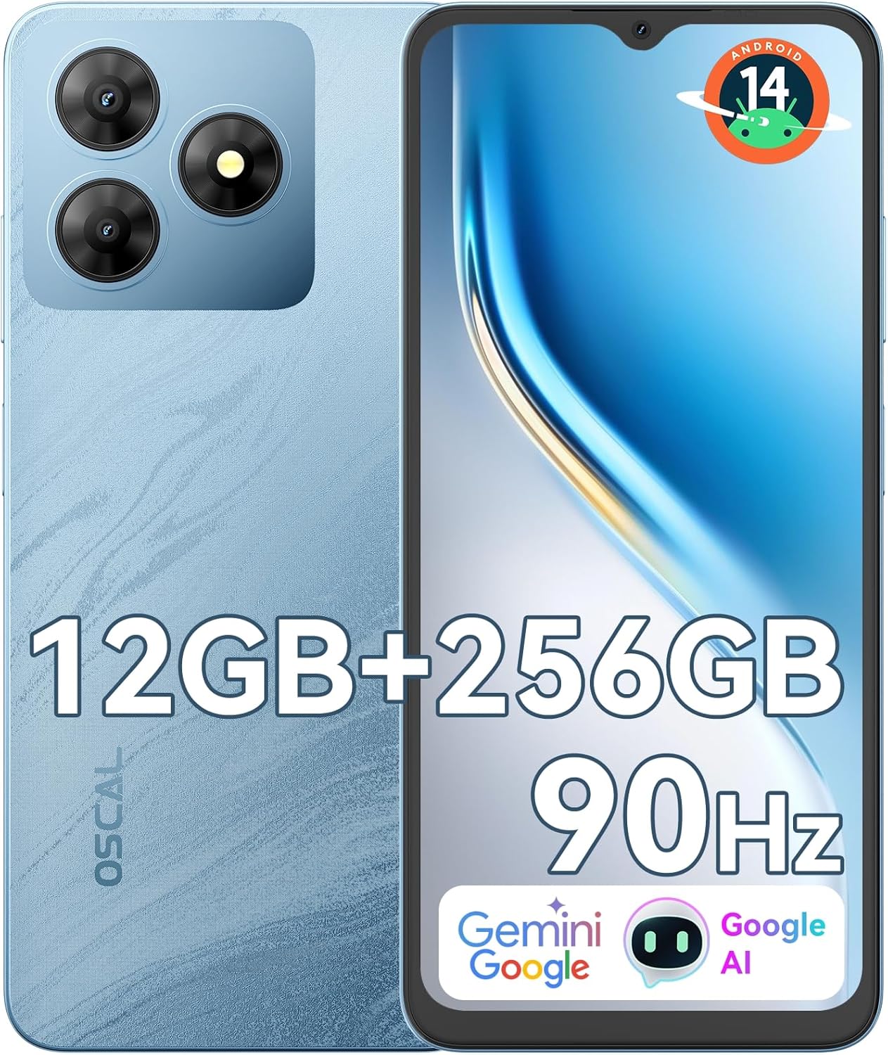 OSCAL Flat 2 Mobile Phone 2025 Android 14, 12GB+256GB/2TB Smartphone, Screen 6.56 Inch HD+ 90Hz, 5000mAh, 13MP+8MP, Cheap Smartphone 4G Dual SIM/Face ID/Fingerprint/GPS/Gemini AI/2 Years Warranty