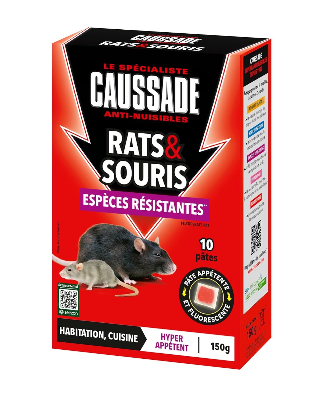 CAUSSADE CARSPTFLUO150 Anti-Rats & Mice - Radical Effectiveness - Dry & Wet Places - 10 Fluorescent Pasta Sachets - Ready to Use - One Ingestion Suffit - Made in France - 150 g