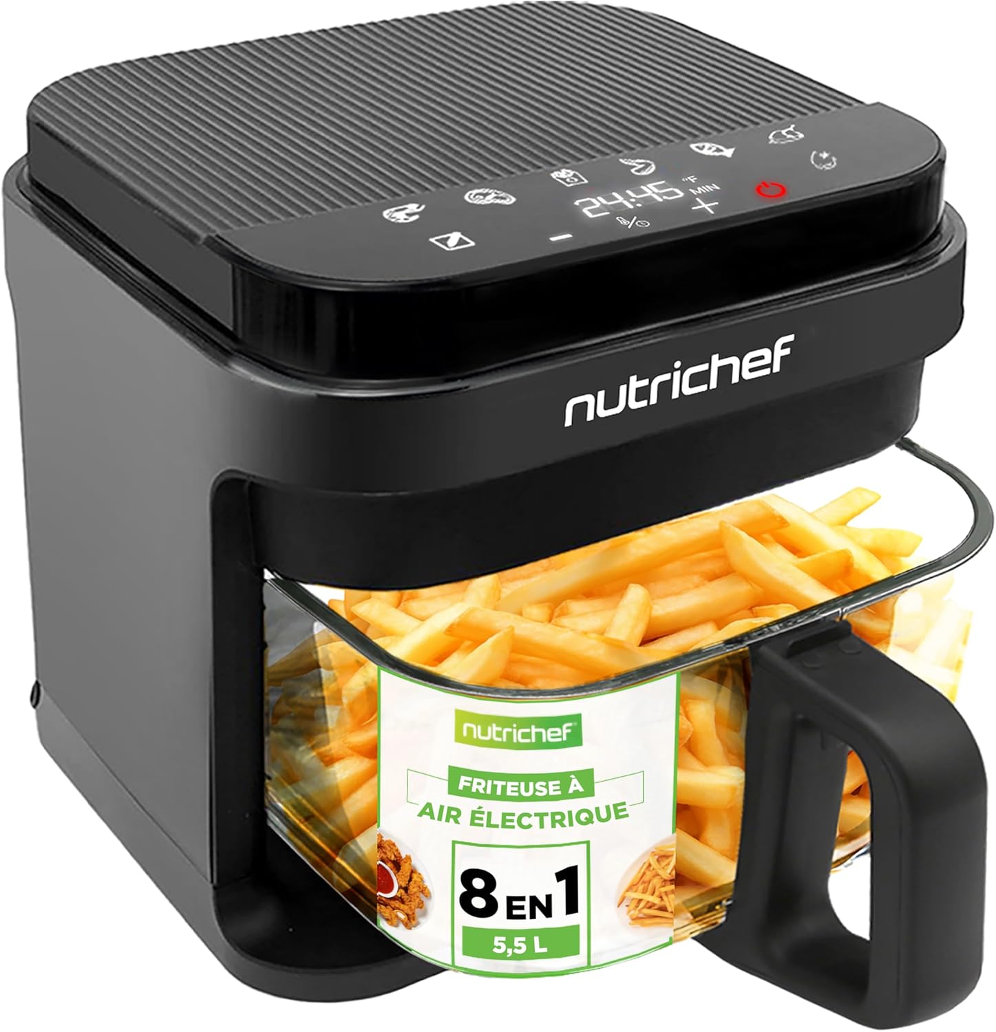 NutriChef Airfryer 5.8L - Transparent Bowl, 8 Programs, Temperature and Time Control - Oil-free Cooking for Meats and Snacks - Grey