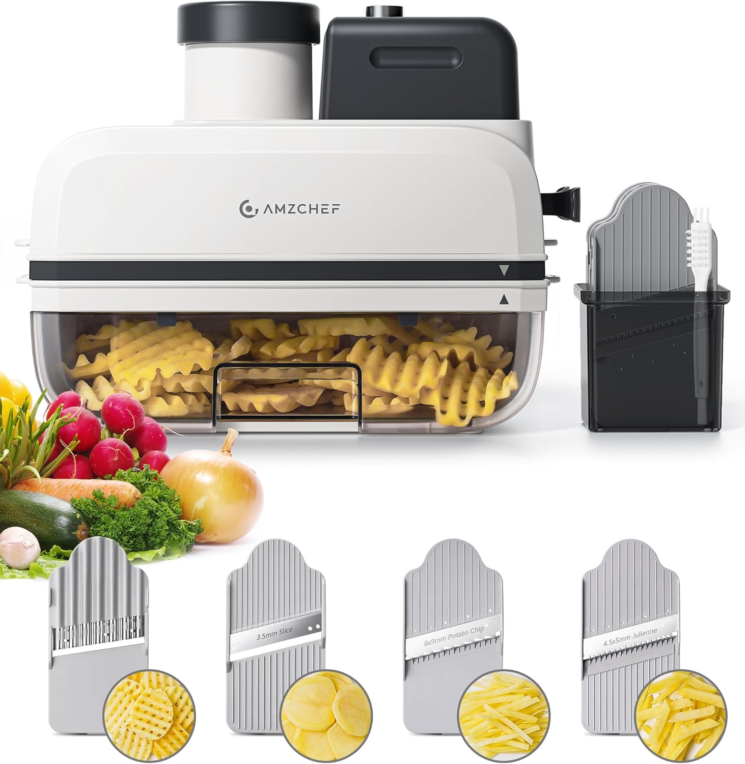 AMZCHEF Automatic Vegetable Slicer & Food Processor - 5-in-1 Wafer Chip Cutter, Dishwasher Safe, Ideal for Creative Family Wafer Fries & Easy Cleanup