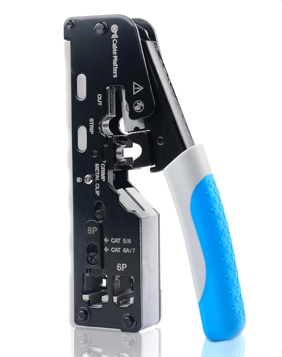 Cable Matters RJ45 All in One Crimping Pliers for Screened Through Connectors (Pass-Through) - Cat8 Cat5/Cat6/Cat6A/Cat7 Tool Cut/Strip/Crimp, RJ11/RJ12/RJ45