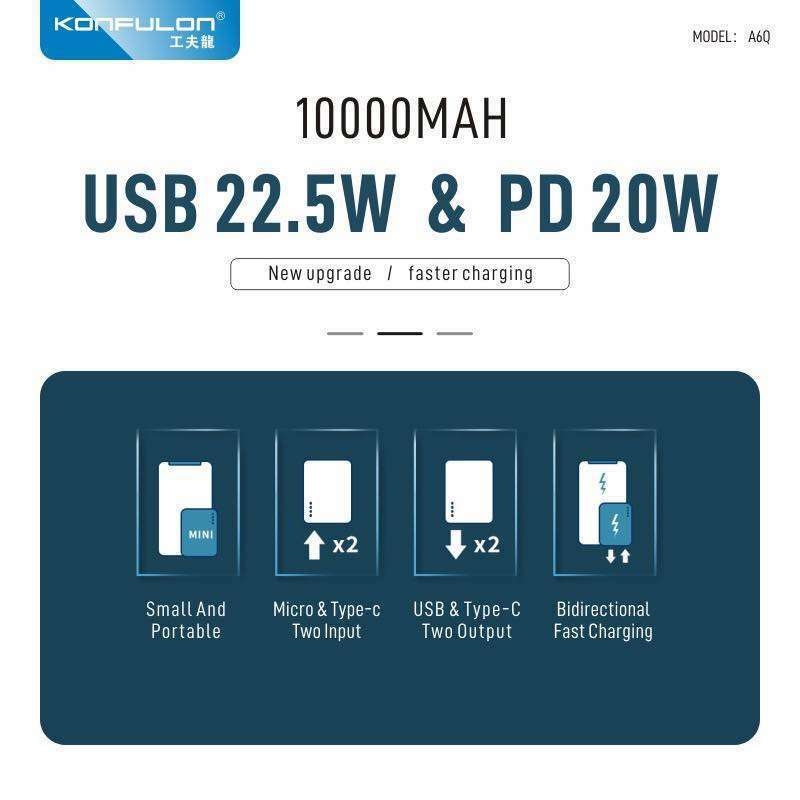 konfulon A6Q discount product Power bank 10000Mah 20000 Mah Pd20W Qc22.5W Fast Charging Small POWERBANK WAFFIR.MA 1 OUT
