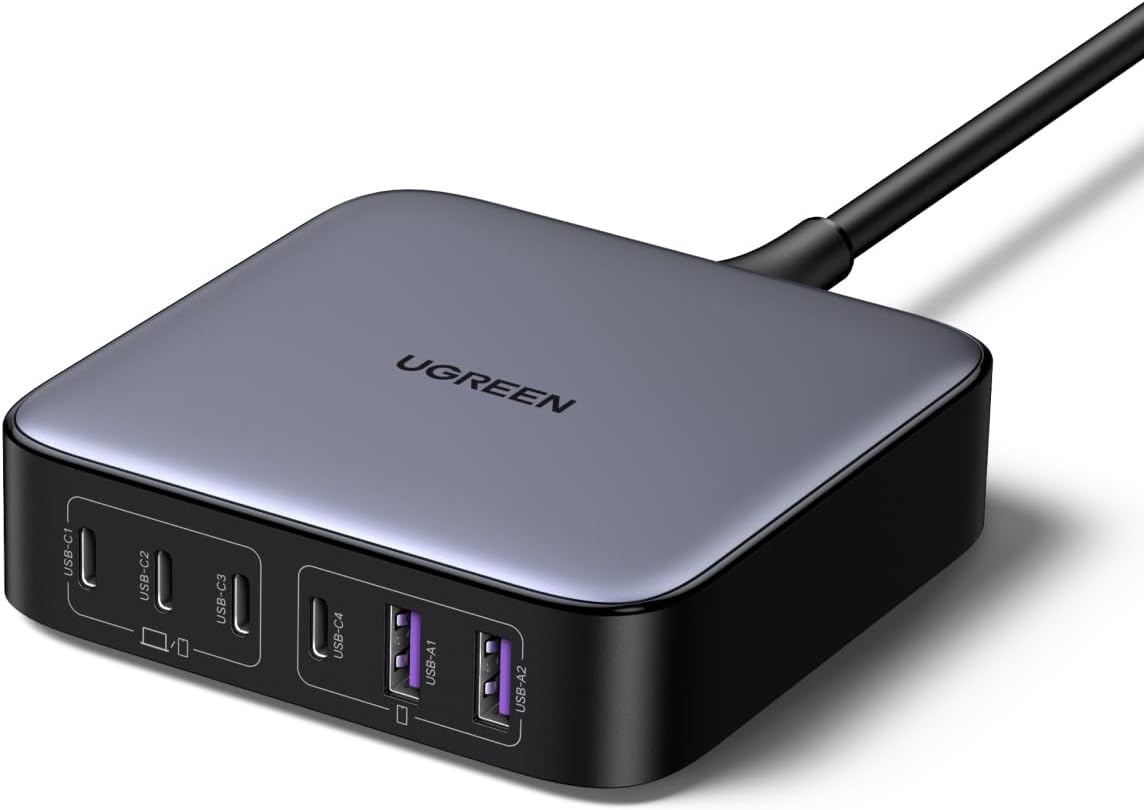 UGREEN Nexode 200W 6 Ports USB C Fast Desktop Charger GaN II 100W 65W Compatible with iPhone 17 Pro Max Air 16 15 14 13 MacBook Pro Air M4 M3 M2 M1 Galaxy S25 S24 S23 2M 2M Power Cable Included
