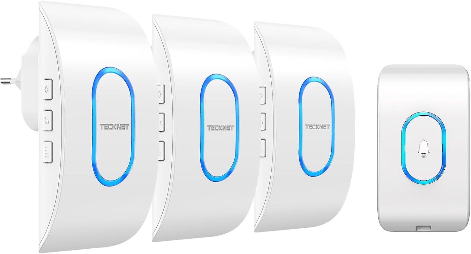 TECKNE Waterproof Wireless Doorbell with 3 Receivers, 60 Melodies and 5 Adjustable Volumes, 400 m Range, IP65 Waterproof, Flashing Blue LED, for Home and Hotel - White