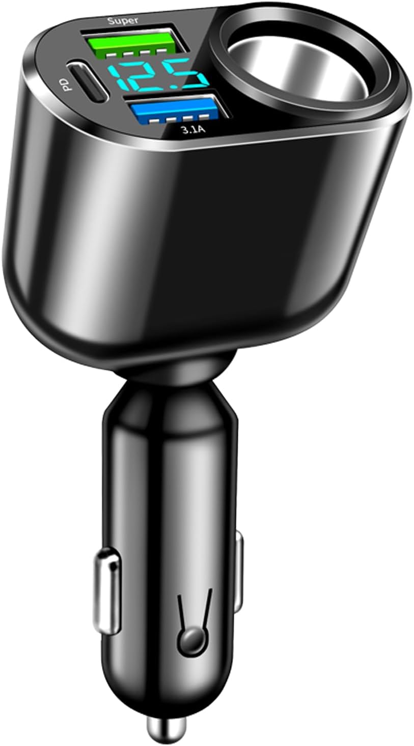 111W USB C Car Charger USB Type C Car Charger, 90W Car Power Adapter, 66W Super Fast Charging & 30W PD Car Charger, with LED Voltmeter(Black)