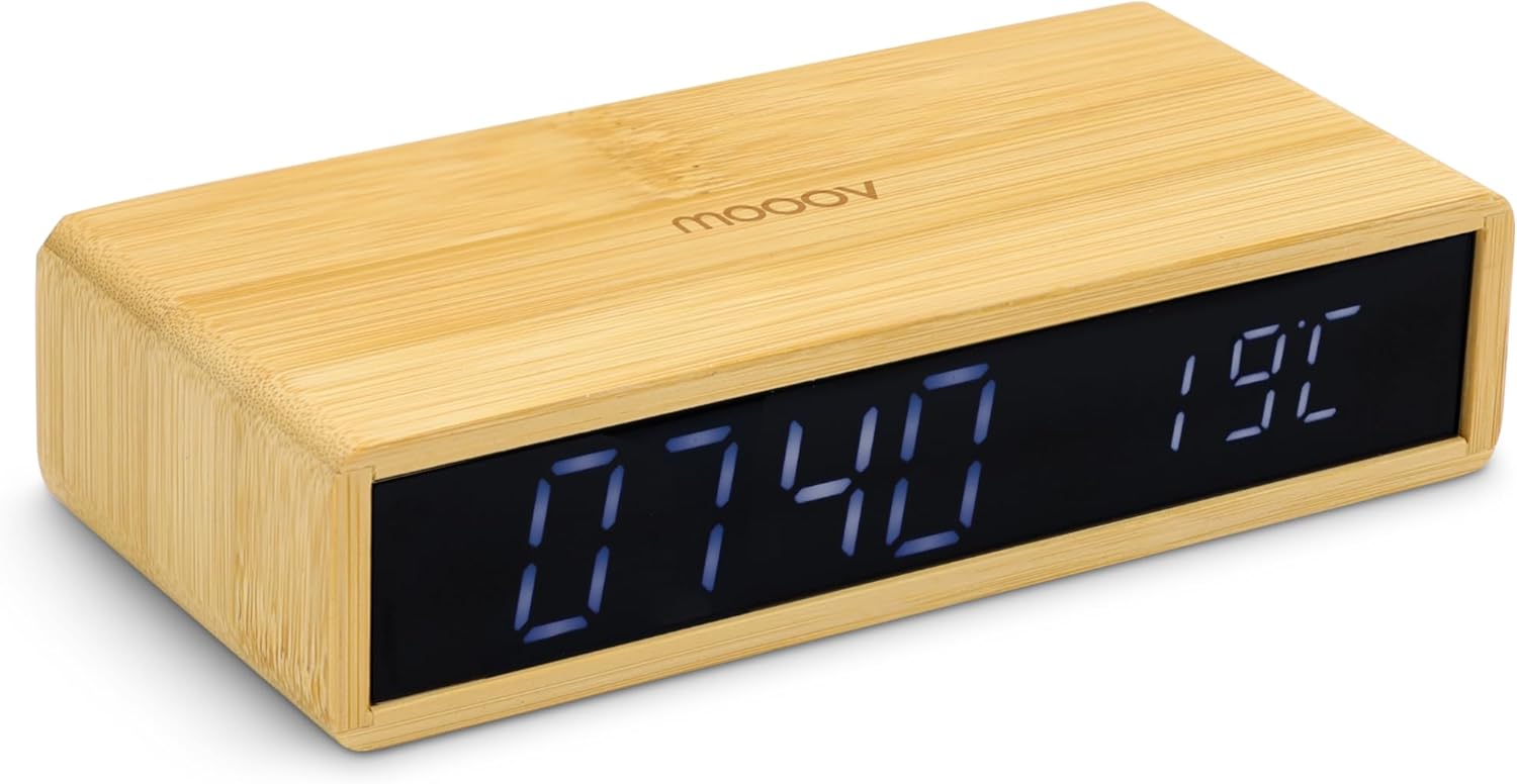 mooov Bamboo Alarm Clock with Black LED Screen and Indoor Temperature Adjustable Brightness, 3 Alarms Wood Colour 477348