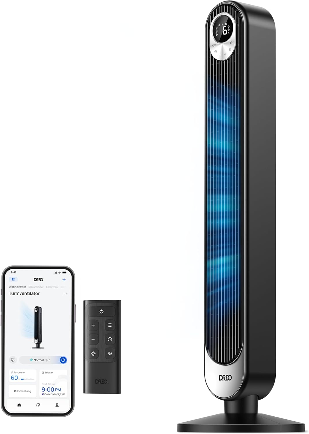 Dreo Quiet Column Fan with Alexa, 8.5m/s, Tower Fans for Large Room, 106cm High, Remote Control, 9 Powerful Speeds, 4 Modes, 12H Timer, 90° Oscillation