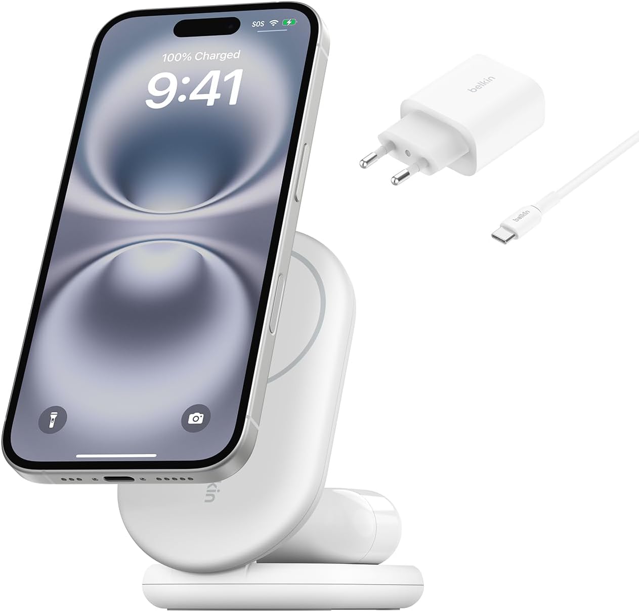 Belkin BoostCharge 2-in-1 Magnetic Folding Charging Cradle Qi2 15W Compatible MagSafe Wireless Charger Fast Charging Apple iPhone 17, iPhone Air, Pixelsnap, Adapter Included – White