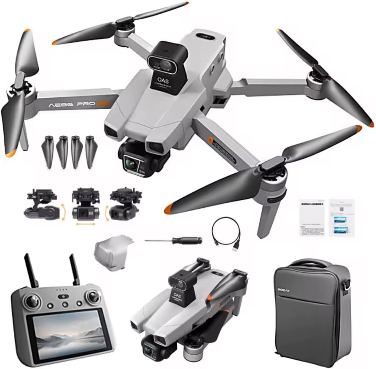Drone-Fly AE86 PRO MAX+ with 4K HD camera and 3-axis stabilizer, 90 minutes flight (2 batteries), 6Km distance, for amateur and professional 2024/2025 (Grey)