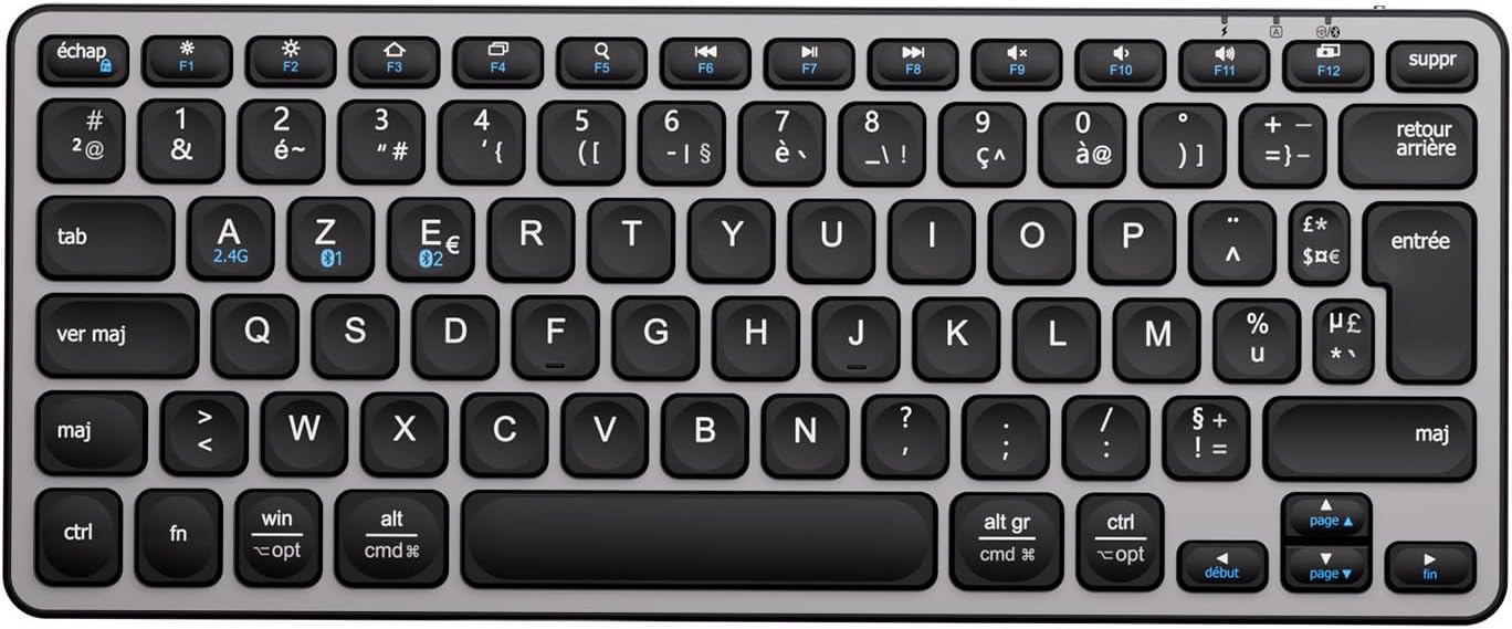 iClever Bluetooth Keyboard, Wireless Keyboard, Compact, Ultra-Slim, Rechargeable, French AZERTY for iOS, Mac, Windows, Android, Grey