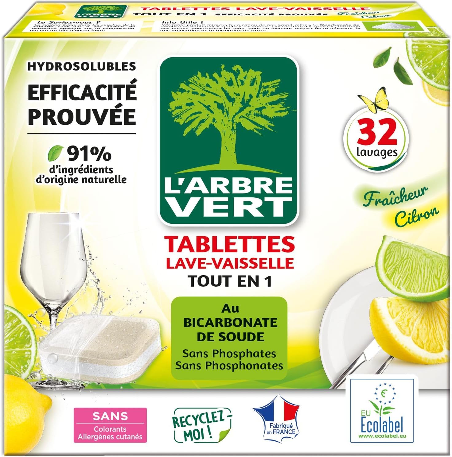 L'Arbre Vert Ecolabel All In 1 Dishwasher Tablets Lemon - 91% Natural Ingredients - 32 Doses