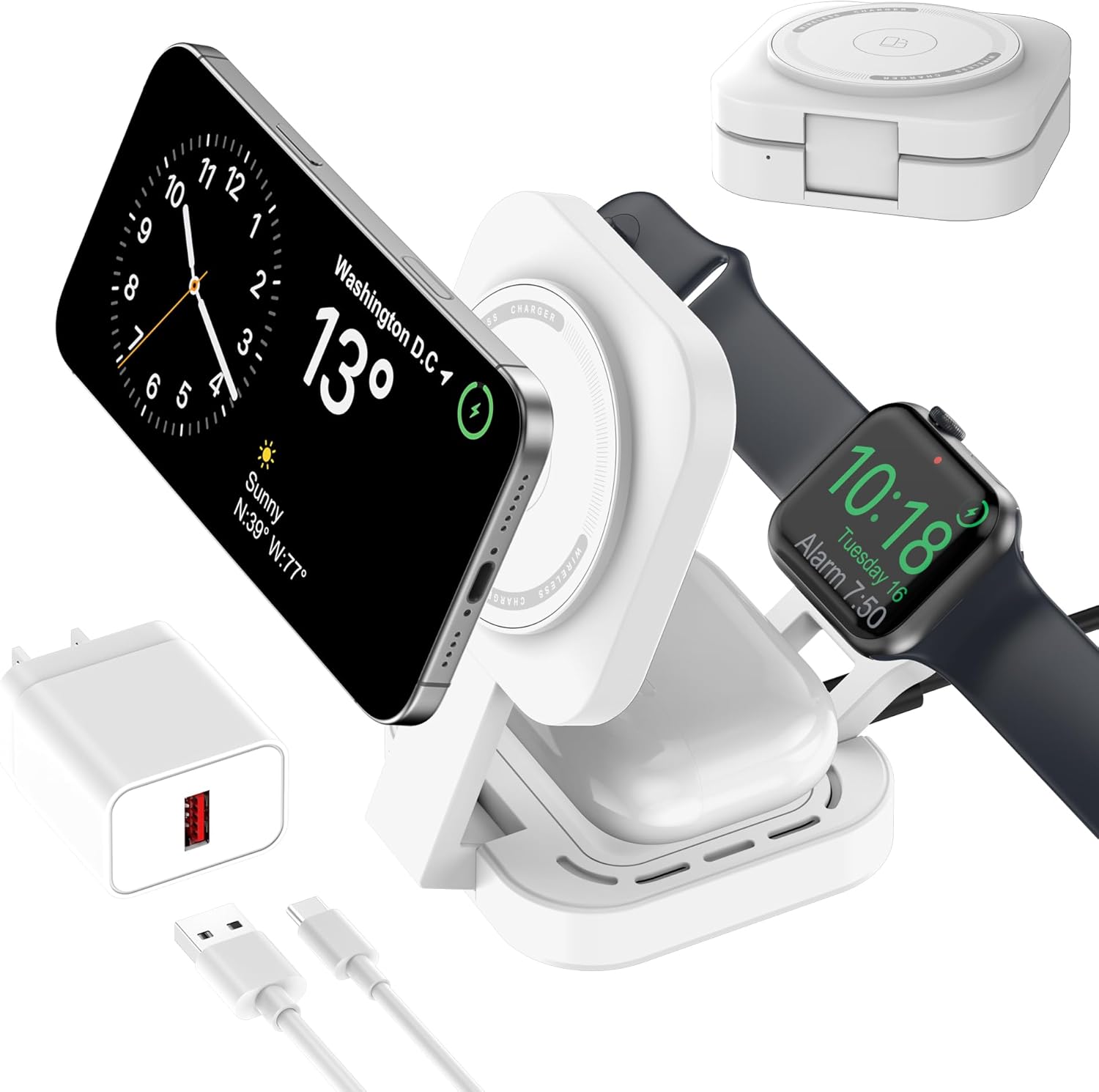 3 in 1 Wireless Charger for Apple Devices, Induction Charger, 3 in 1 Fast Charging Station for Magsafe iPhone 17/Air/16/15/14/13/12, Apple Watch, AirPods Pro/2/3/4 (Adapter Included)(White)