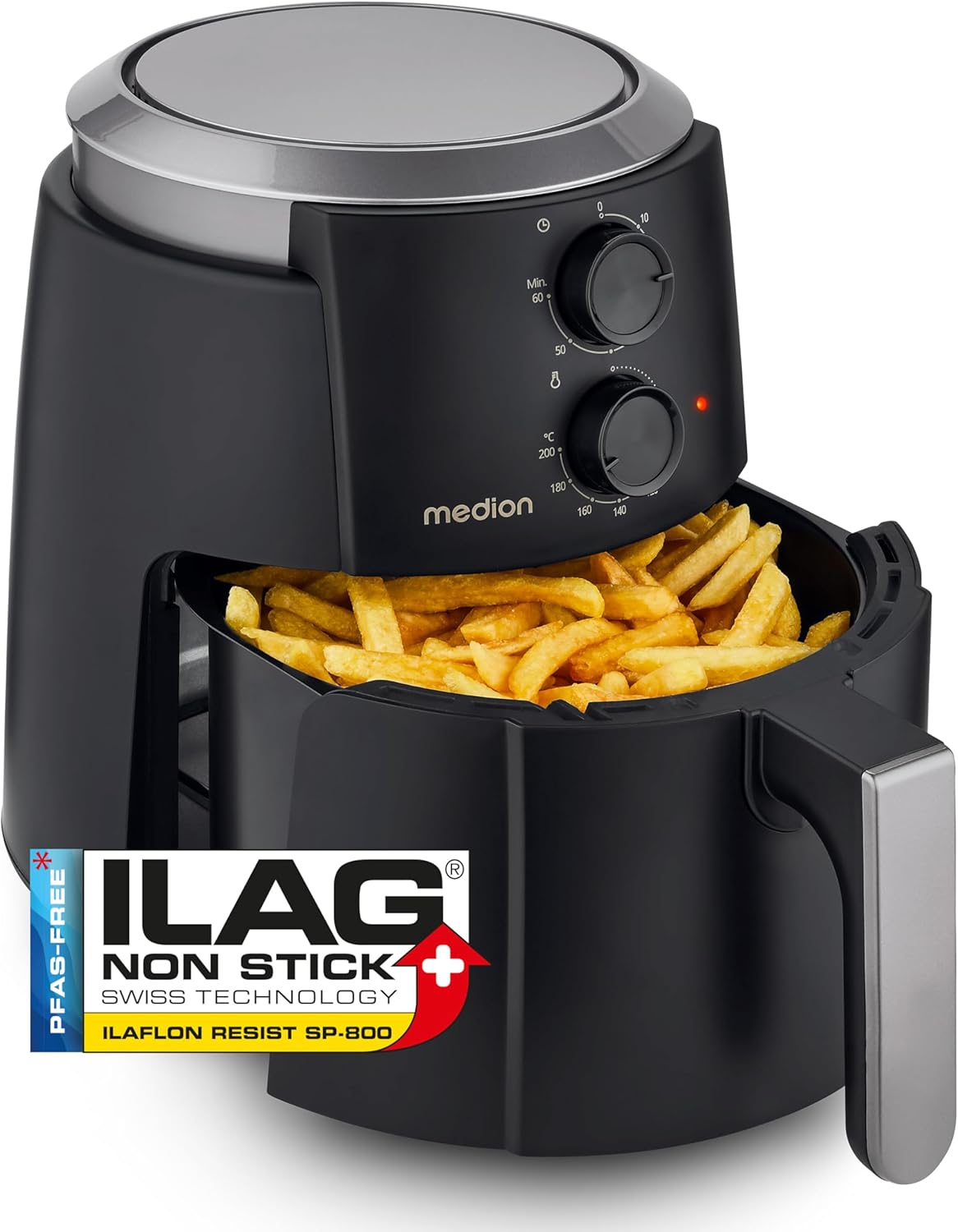 MEDION P30 L Hot Air Fryer (4.7 Litre, Airfryer, 1500 Watts, Simple Use, Oil-free Frying, Timer 60 Minutes, Up to 200°C, Non-Stick Coating, MD13020) Black