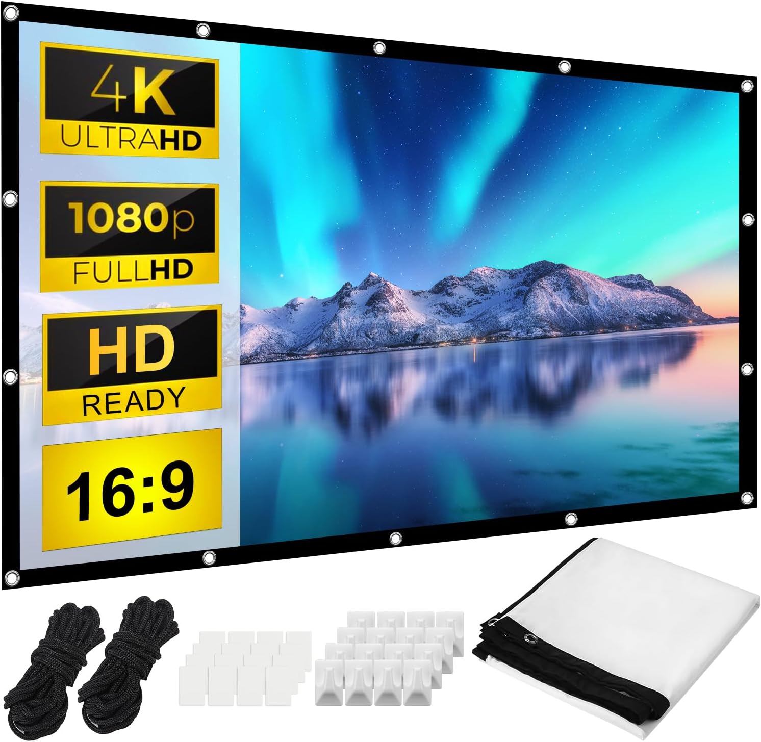 100 Inch Projection Screen, 16:9 4K HD, Portable Foldable Outdoor Projectors Screen 88 x 48 Inches (221 x 125 cm) for Home Theater, Commercial, Party, Office, Cinema Night