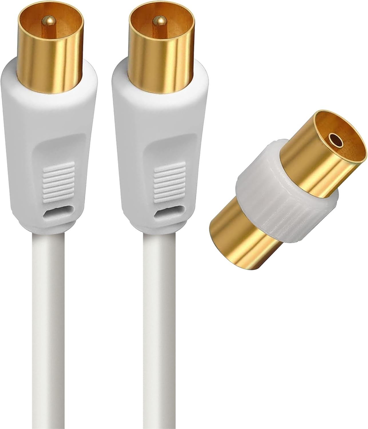APM TV Antenna Cable 9.53 mm, 2 Metres, Gold Male/Male Connectors, White Coaxial Cord with Female/Female Adapter Included, Compatible TV Decoder TNT Wall Plug 9.52 mm, 408014