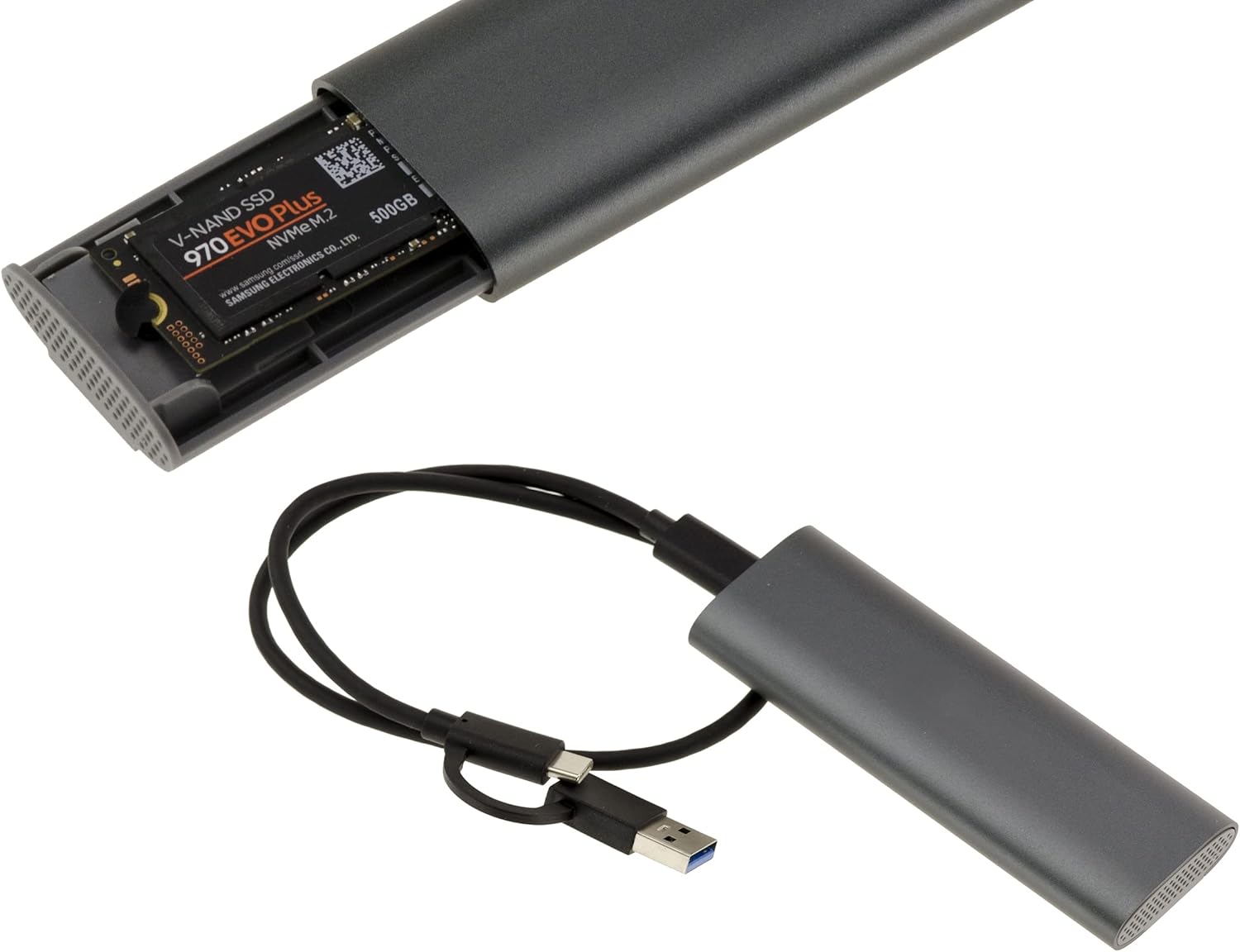 KALEA-INFORMATIQUE Aluminium USB 3.2 10G enclosure for M2 SSD type NVMe or SATA. USB A or C interface, tool-free mounting.